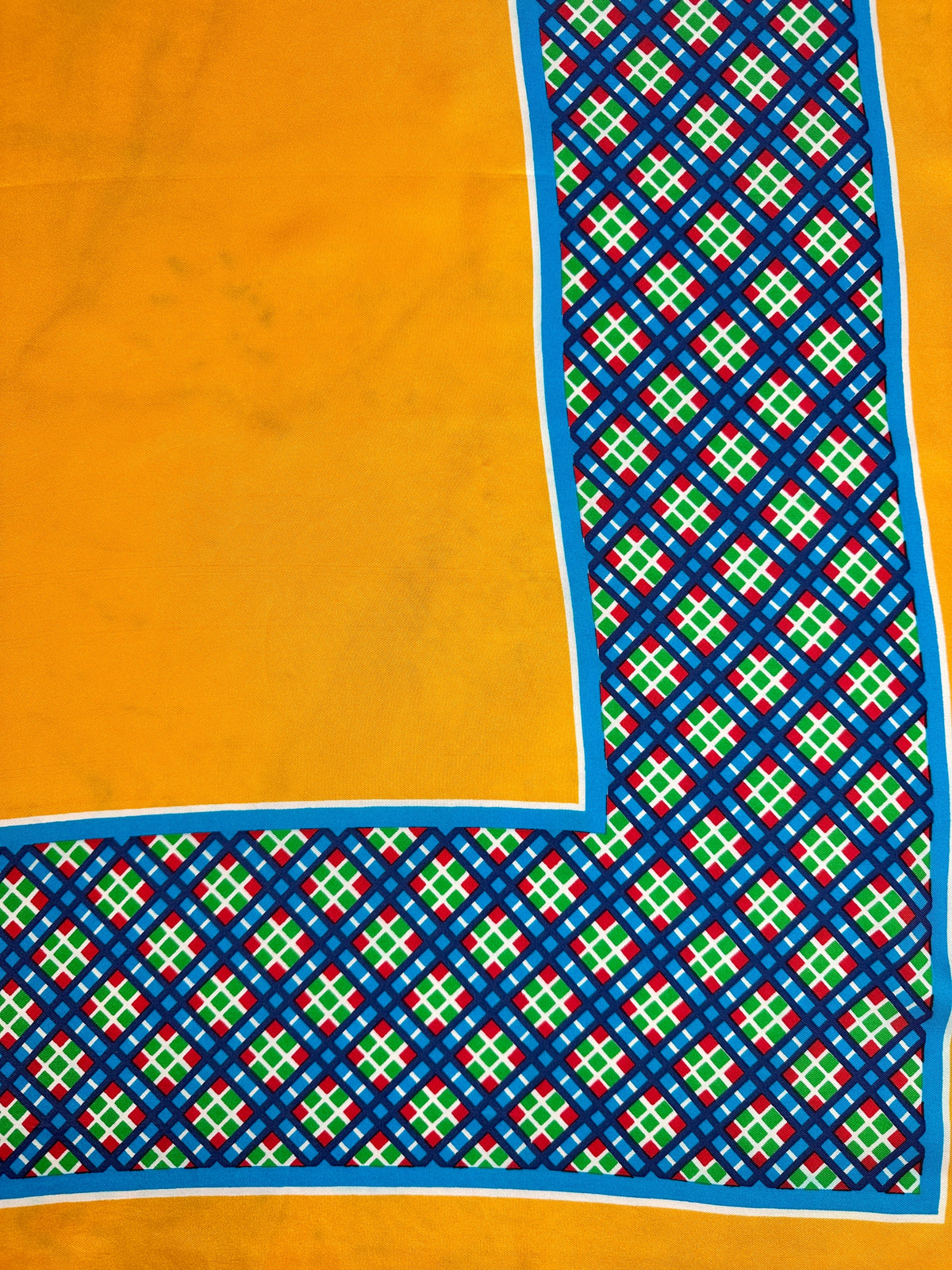Authentic Vintage Yves Saint Laurent Silk Scarf with Geometric Pattern in Yellow and Blue