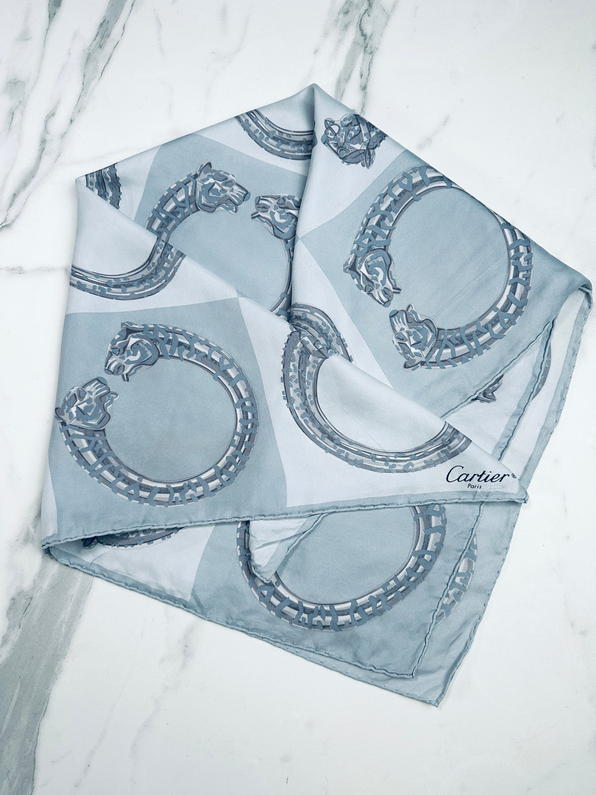 Authentic vintage silk scarf Cartier blue and grey panther motif