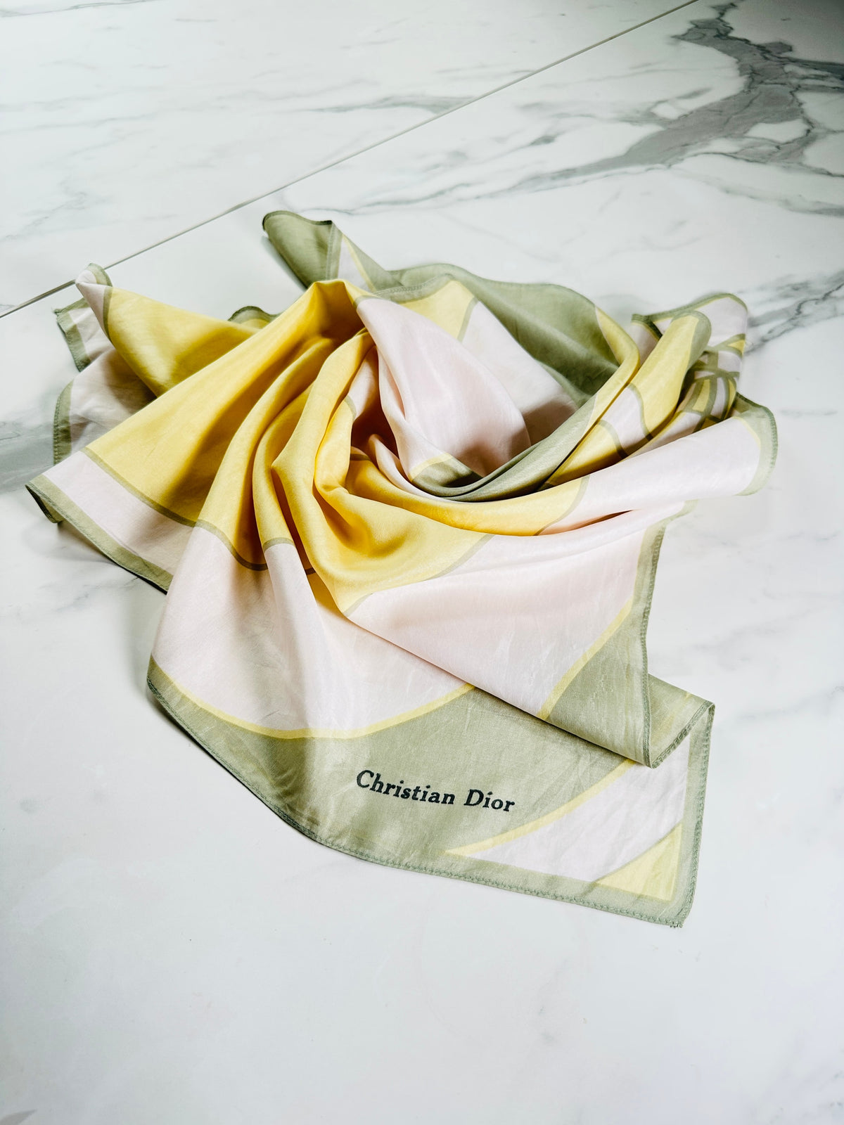 Authentic vintage silk scarf Christian Dior in yellow and green with graphic pattern