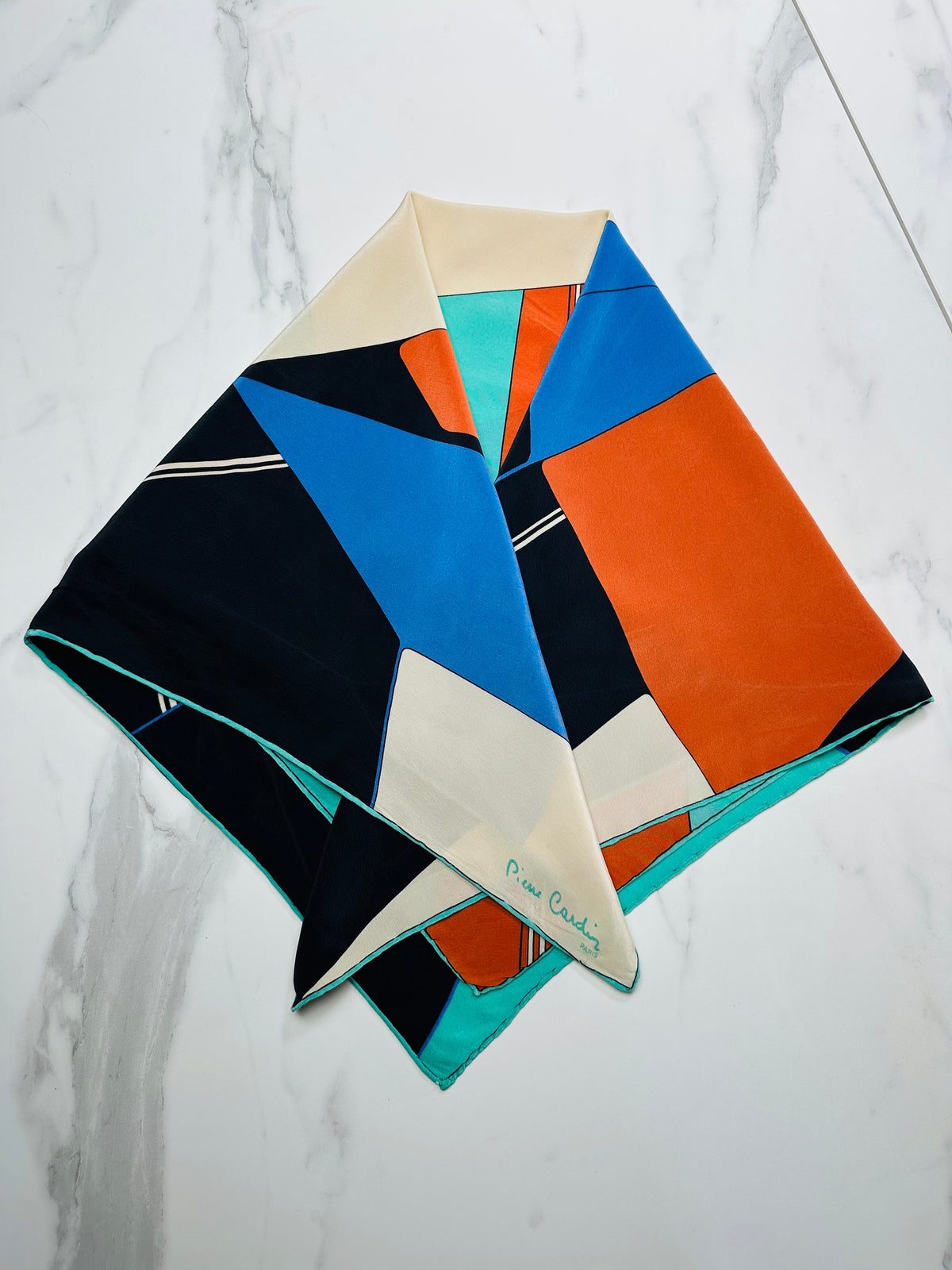 Authentic Vintage Pierre Cardin Silk Scarf with Blue and Cream Geometric Pattern
