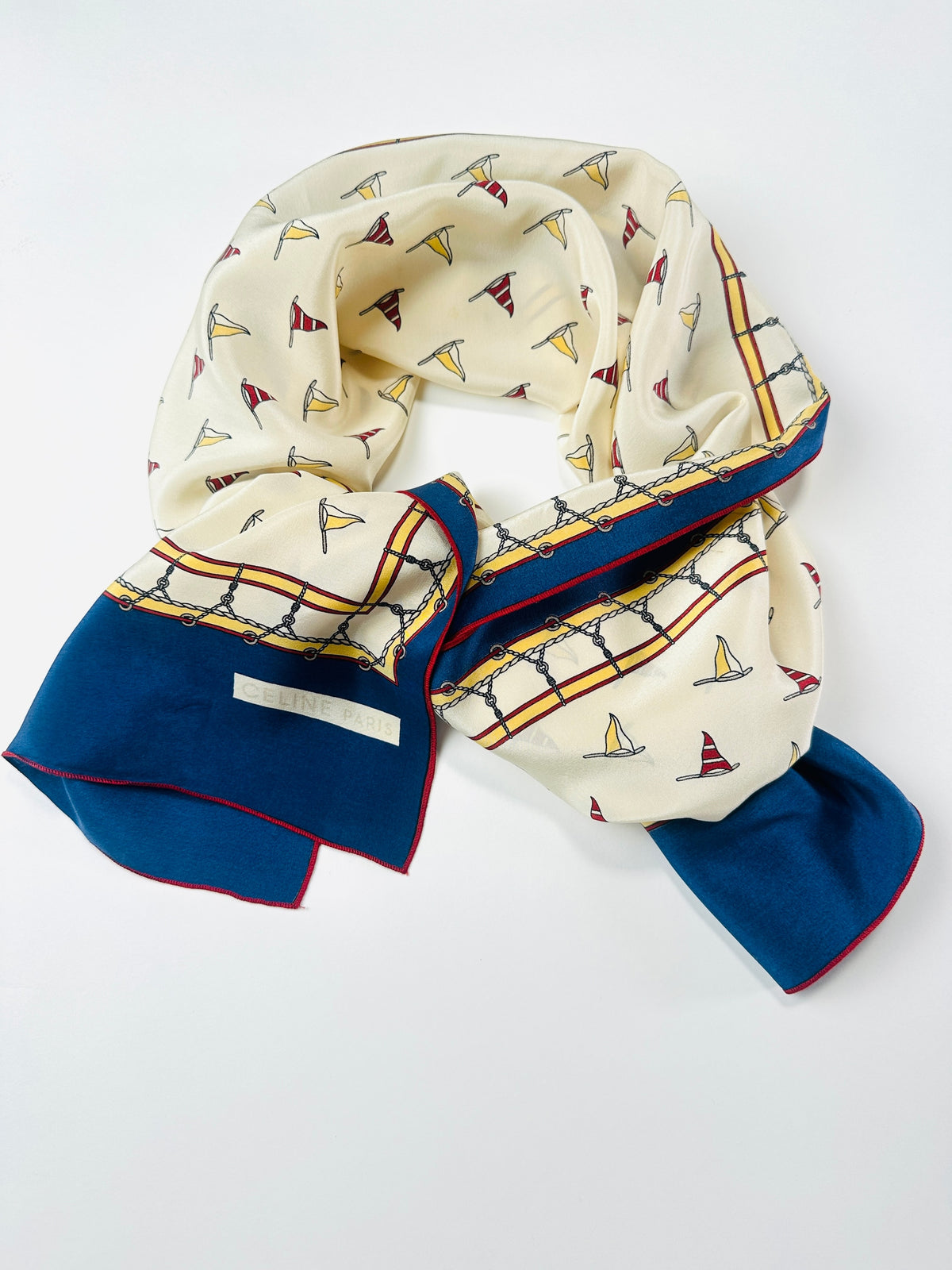 Foulard Céline en soie beige et bleu motif marin vintage authentique