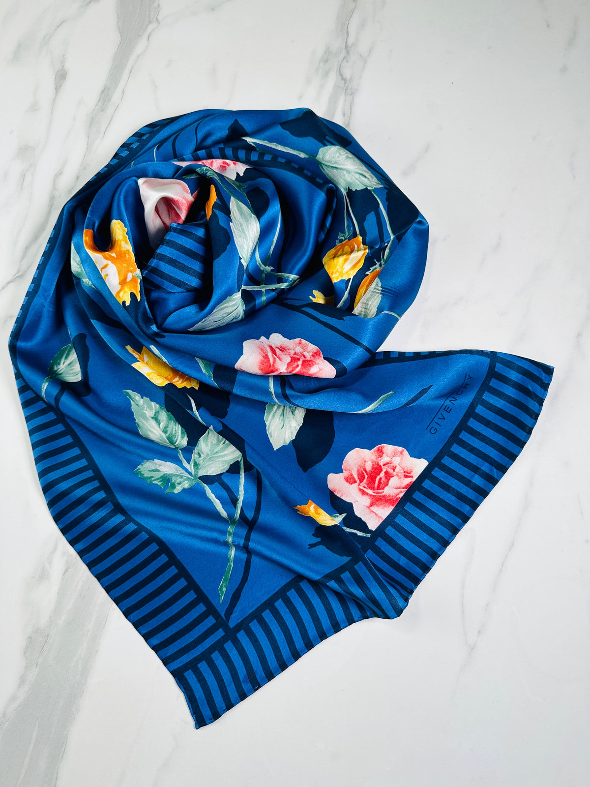 Givenchy Silk Scarf in Blue and Pink Floral Vintage Authentic