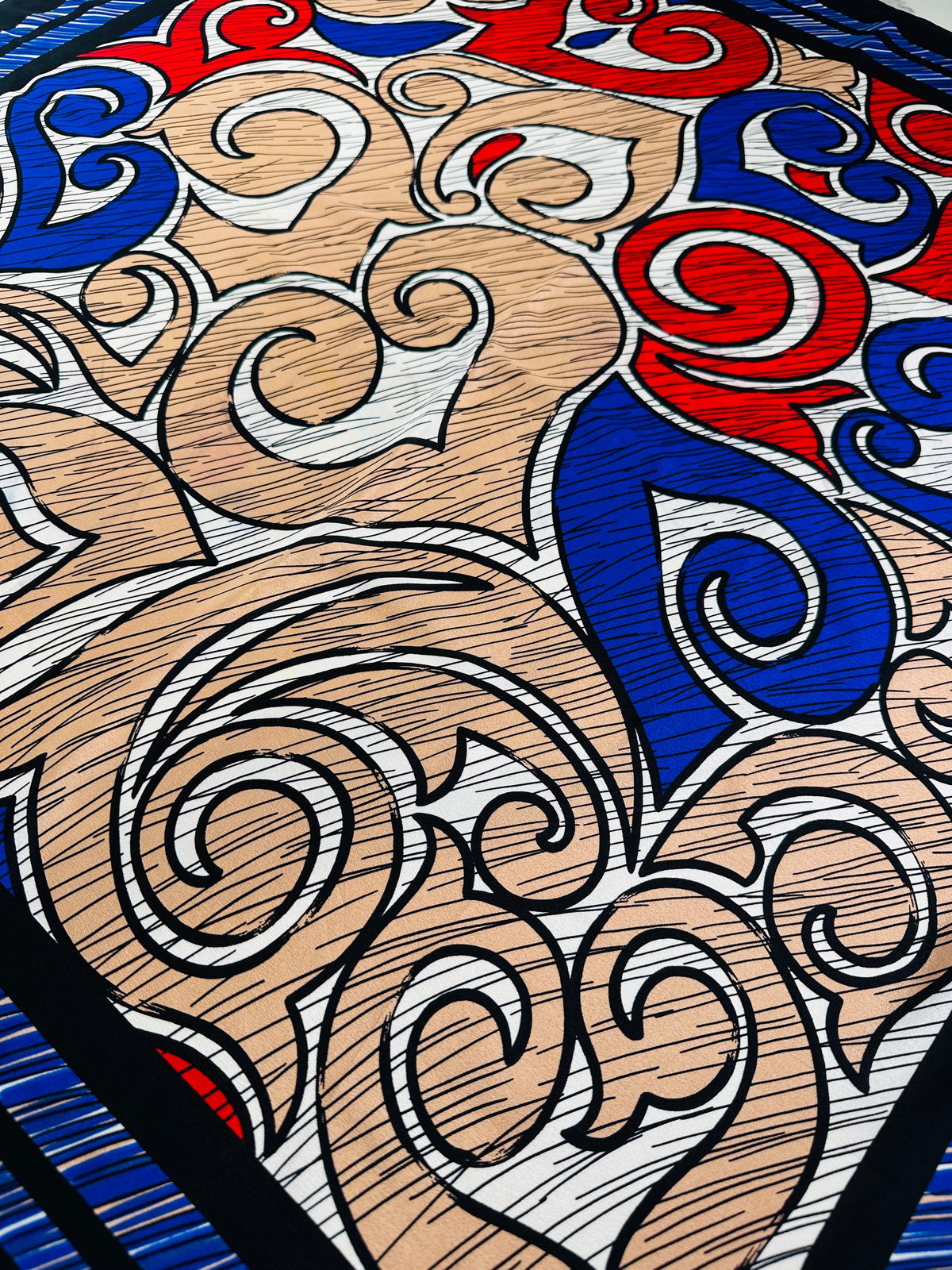 Large square Pierre Cardin in blue and red with authentic vintage abstract pattern