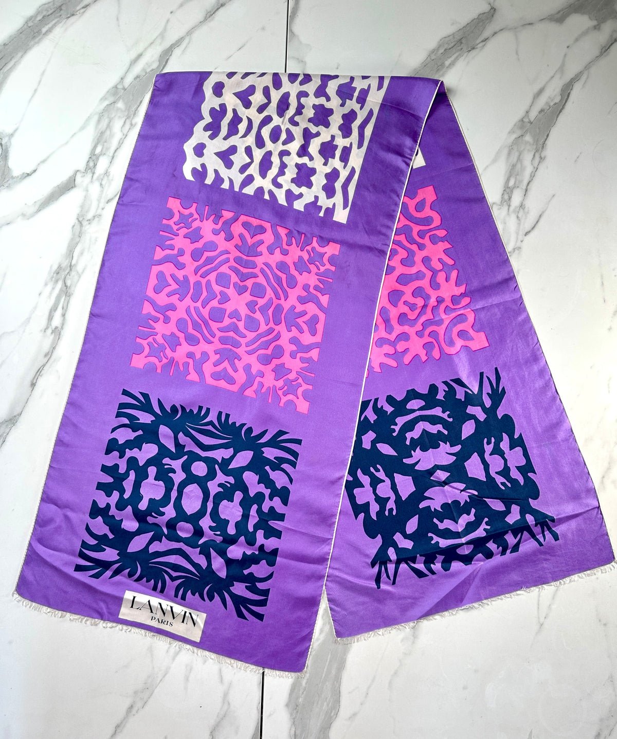 Foulard Lanvin Vintage Authentique en Soie à Motif Abstrait Violet et Rose