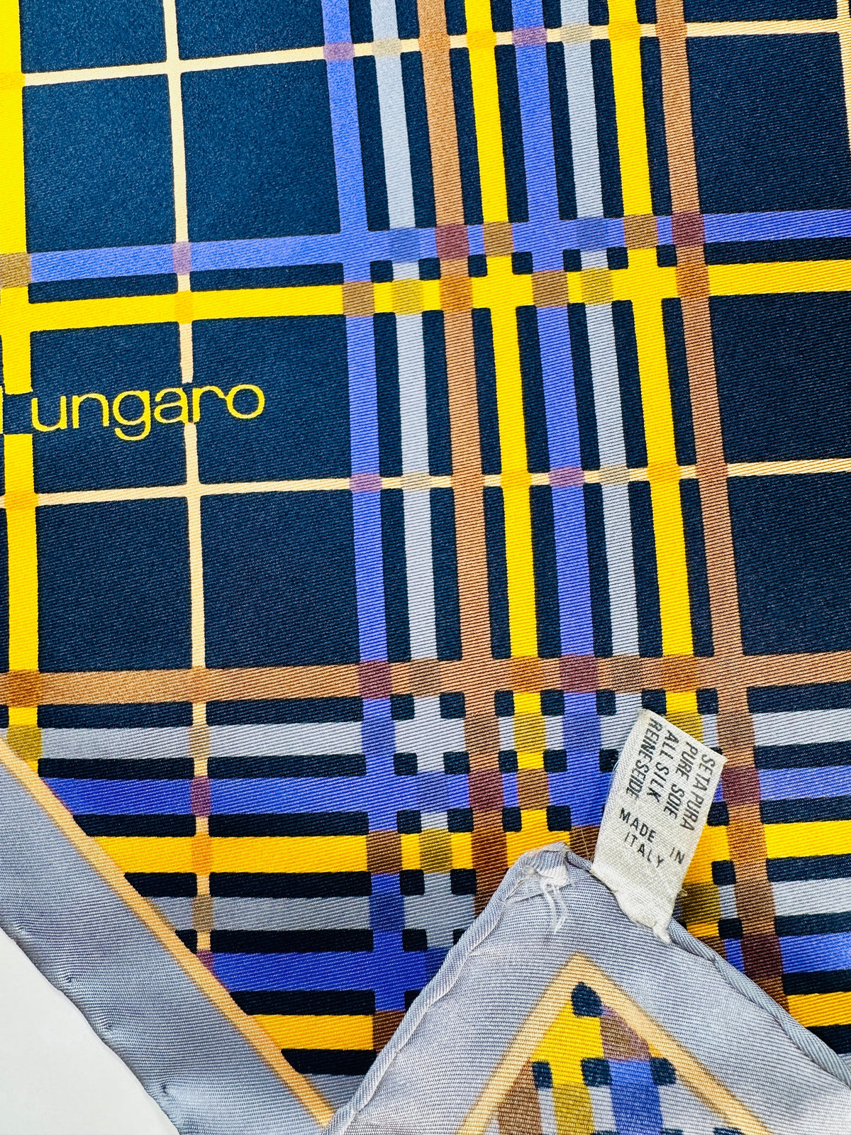 Large silk scarf Emanuel Ungaro navy blue with authentic vintage geometric pattern