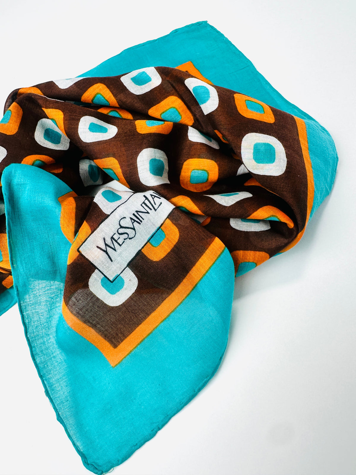 Silk Scarf Yves Saint Laurent in Brown and Turquoise with Vintage Geometric Pattern