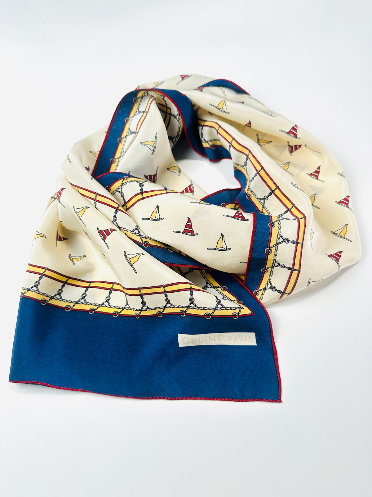 Foulard Céline en soie beige et bleu motif marin vintage authentique