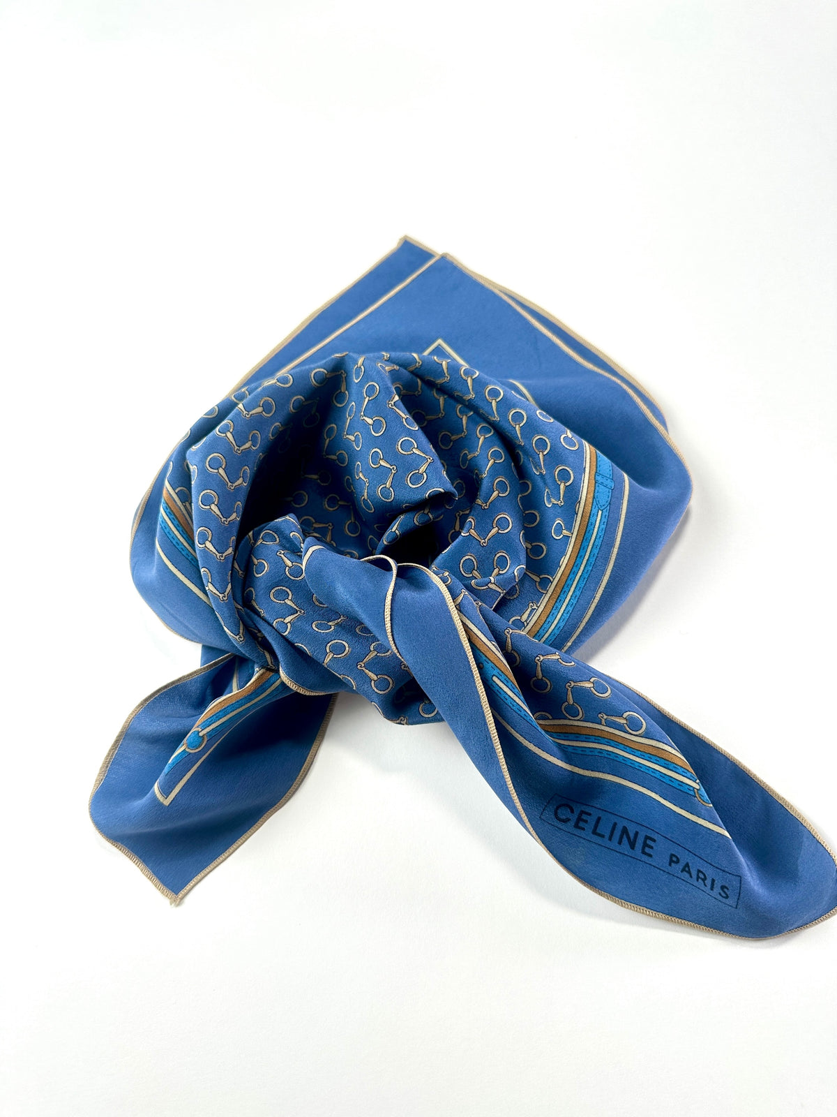 Silk Scarf Céline in Blue and Gold Vintage Equestrian Pattern