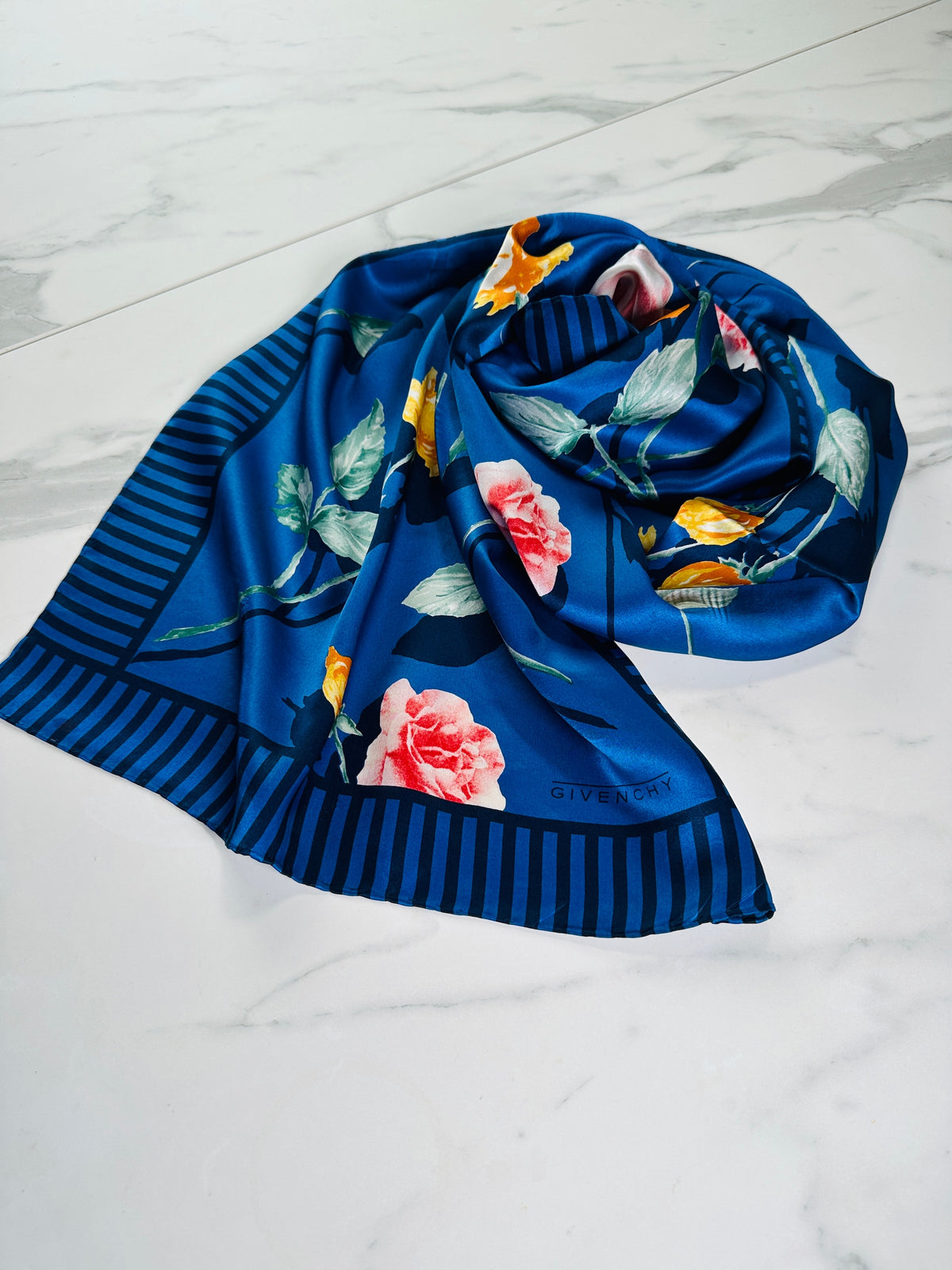 Givenchy Silk Scarf in Blue and Pink Floral Vintage Authentic