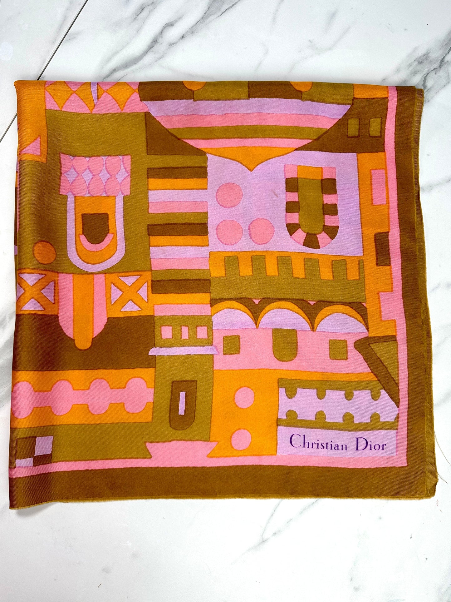 Carré Christian Dior en soie bronze et orange motif géométrique vintage authentique