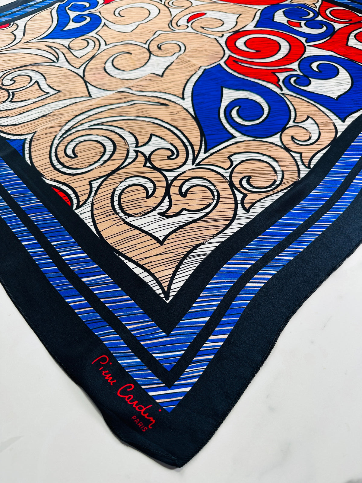 Large square Pierre Cardin in blue and red with authentic vintage abstract pattern