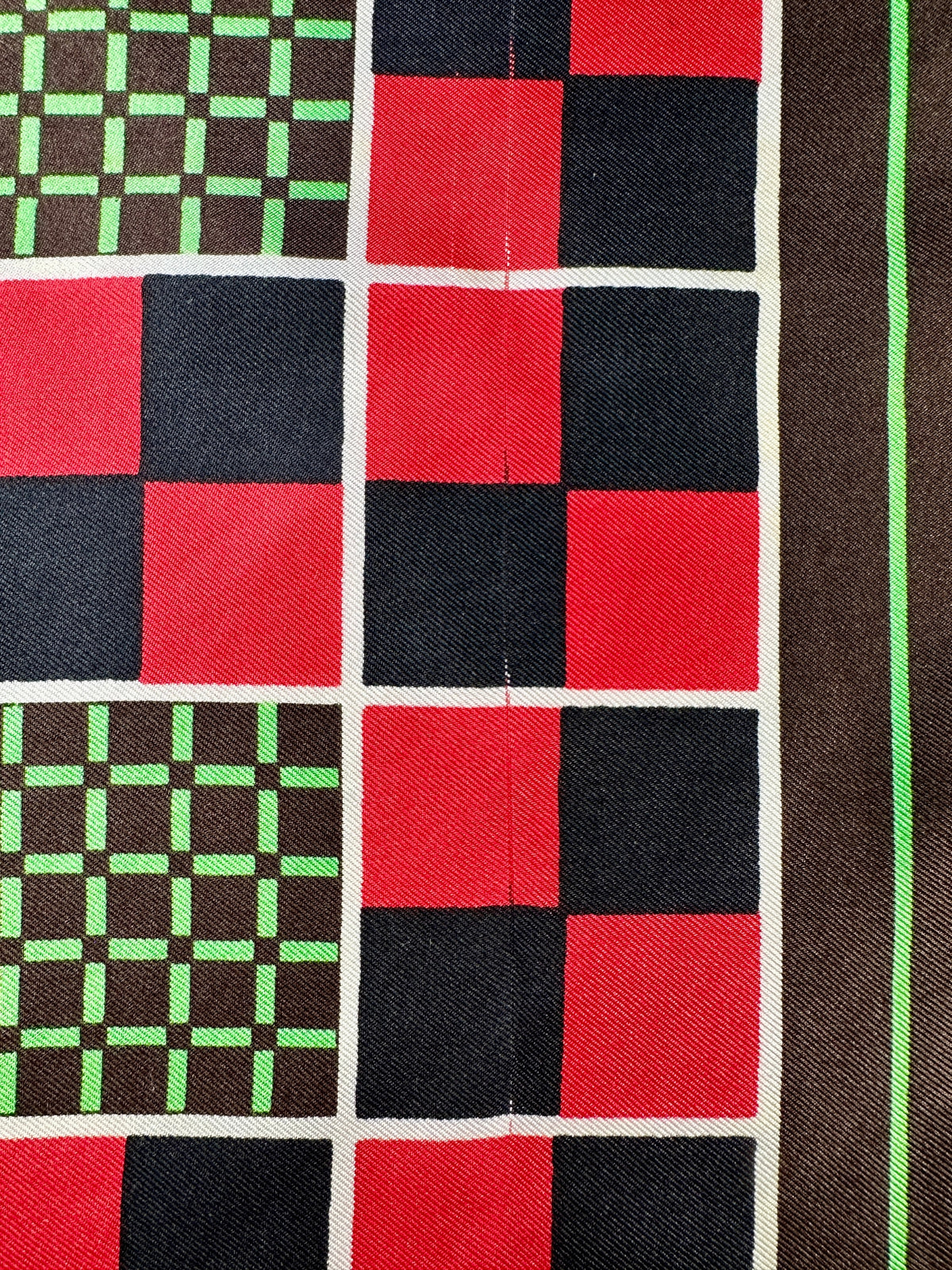 Foulard en soie vintage authentique Givenchy à motif géométrique marron, vert et rouge