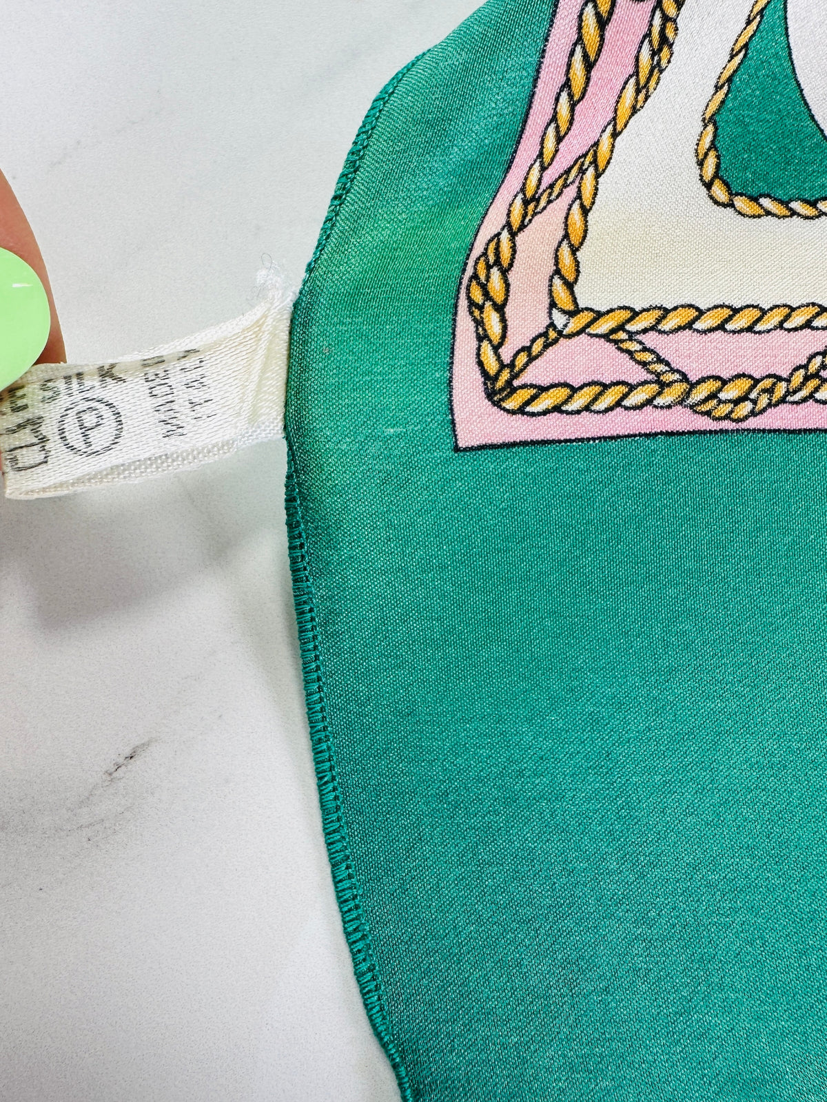 Authentic Céline Silk Scarf in Green and Cream Chain Print