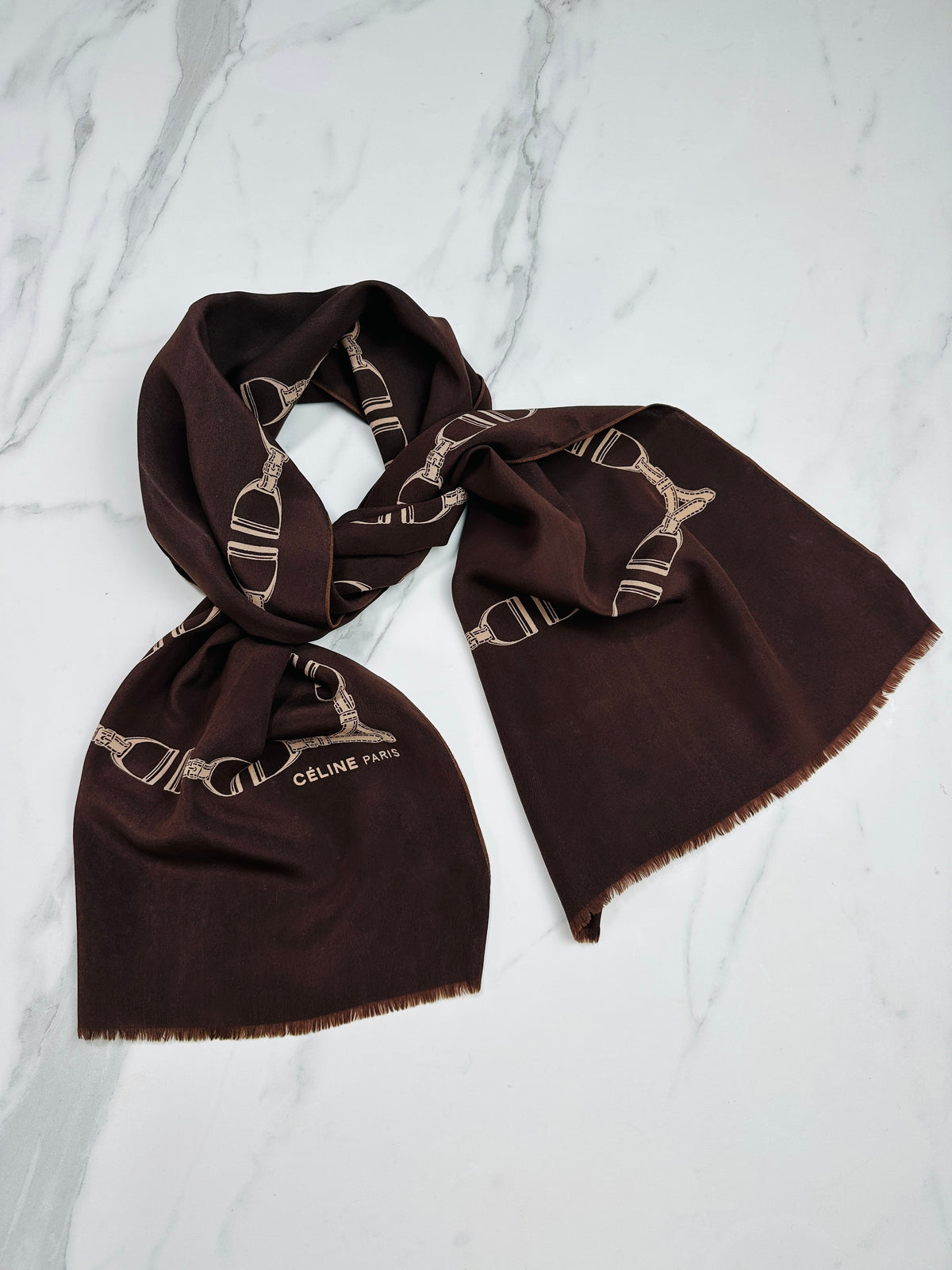 Céline Vintage Authentic Silk Scarf Equestrian Pattern Brown and Beige