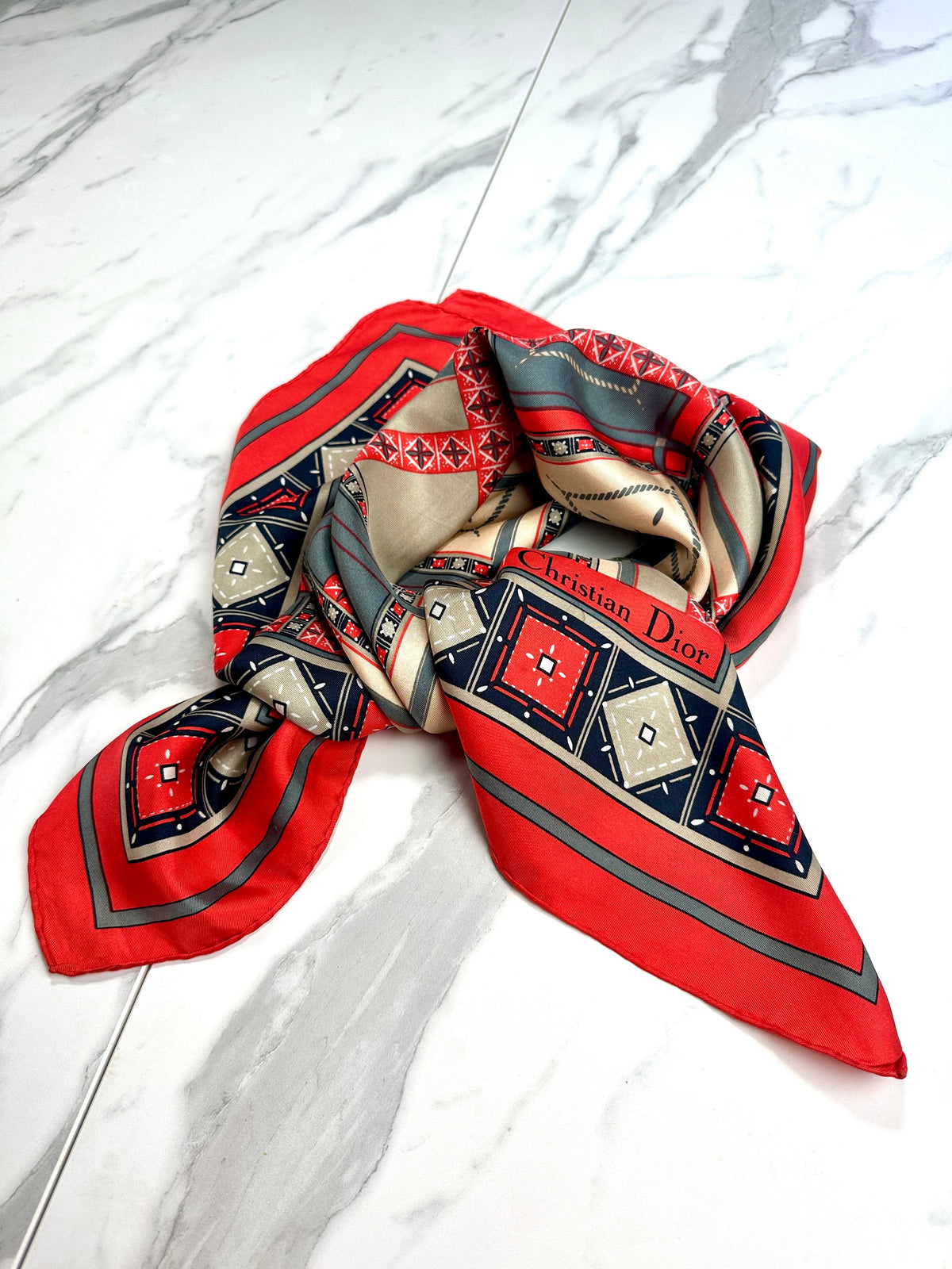 Authentic vintage red and beige geometric silk scarf Christian Dior