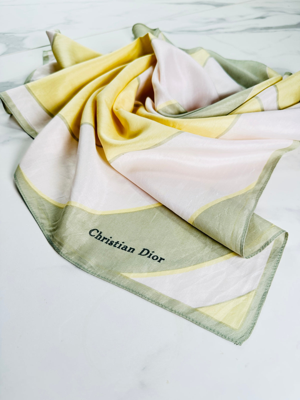 Authentic vintage silk scarf Christian Dior in yellow and green with graphic pattern