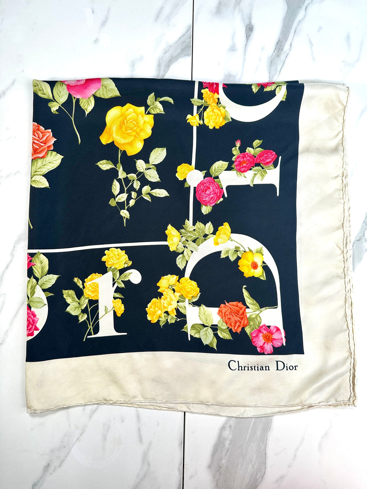 Foulard en soie noire à motif de roses Christian Dior vintage authentique