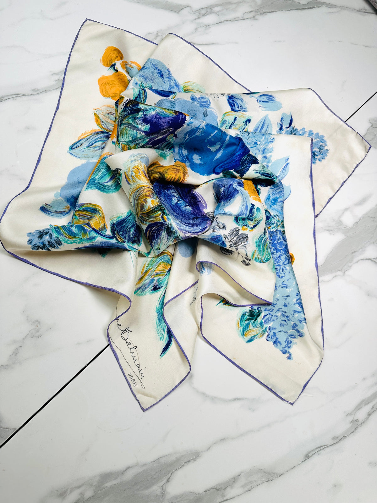 Authentic Vintage Silk Scarf Pierre Balmain Cream and Blue with Floral Pattern