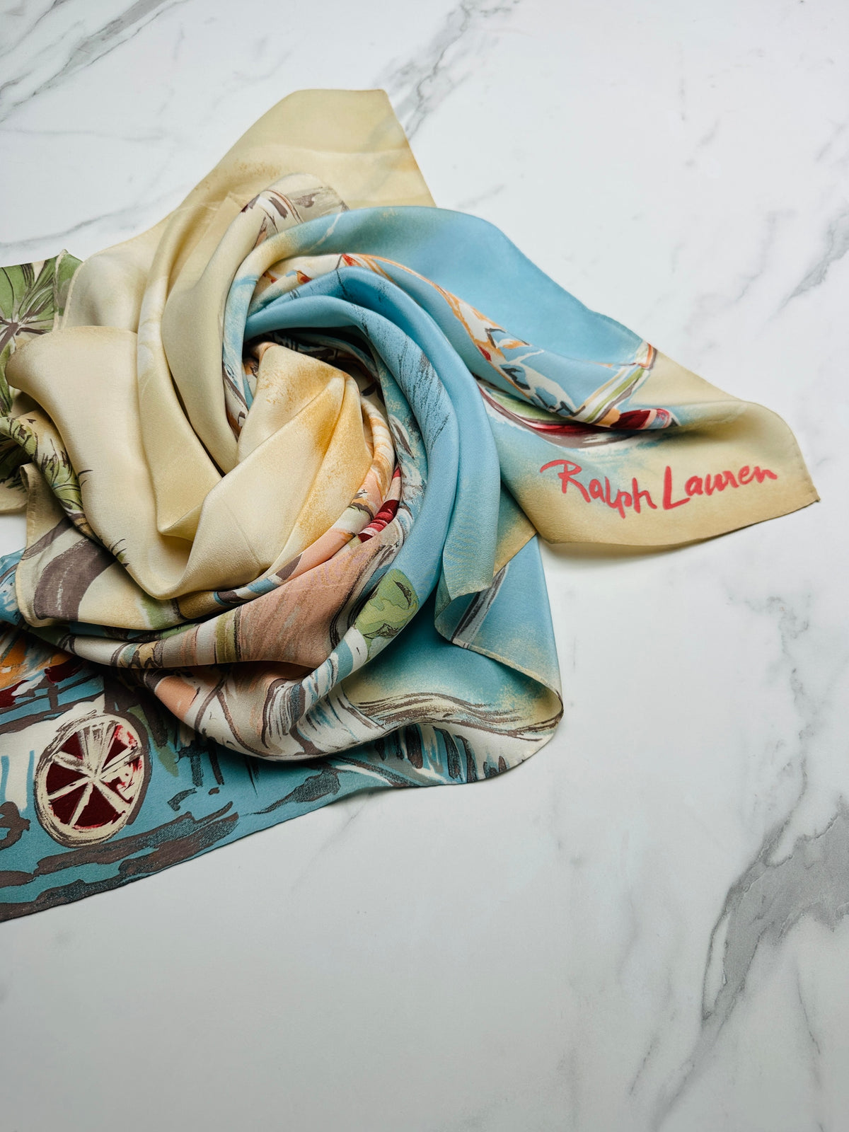 Foulard en soie vintage authentique motif côtier azur et beige par Ralph Lauren