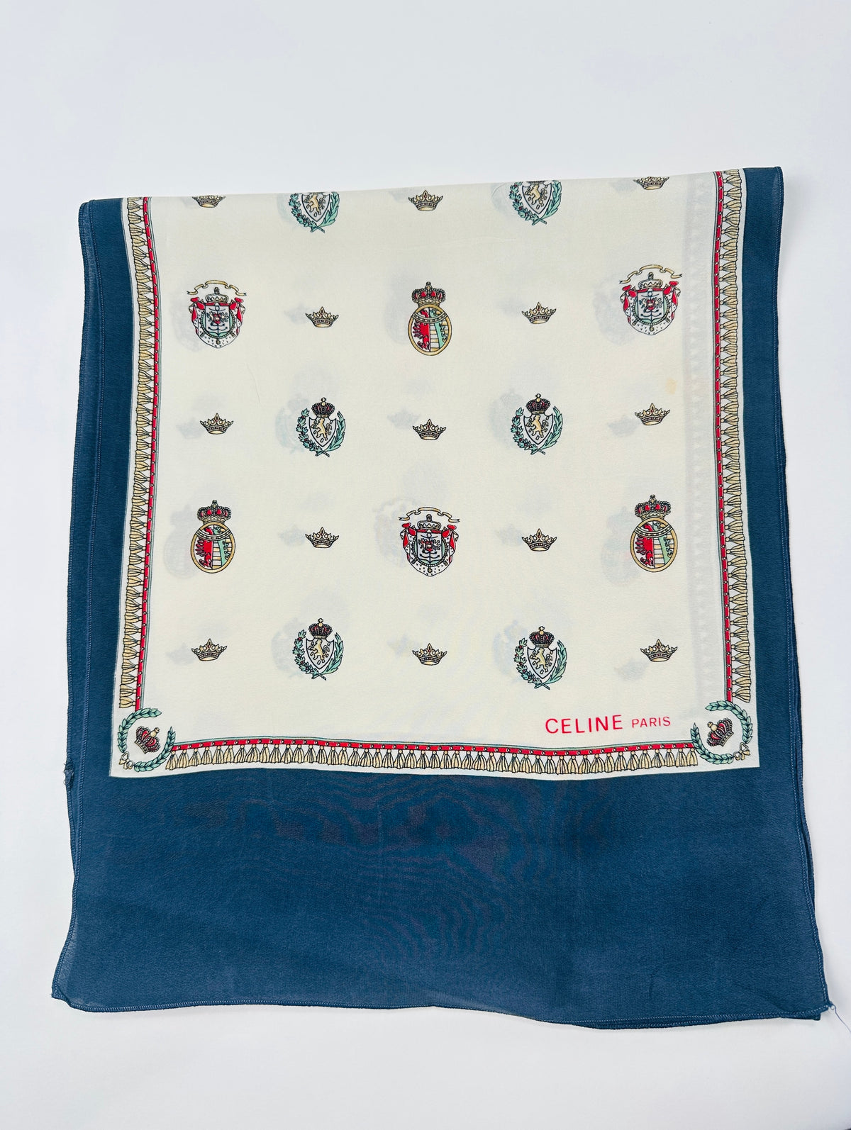 Silk scarf Céline in cream and navy with authentic vintage coat of arms pattern