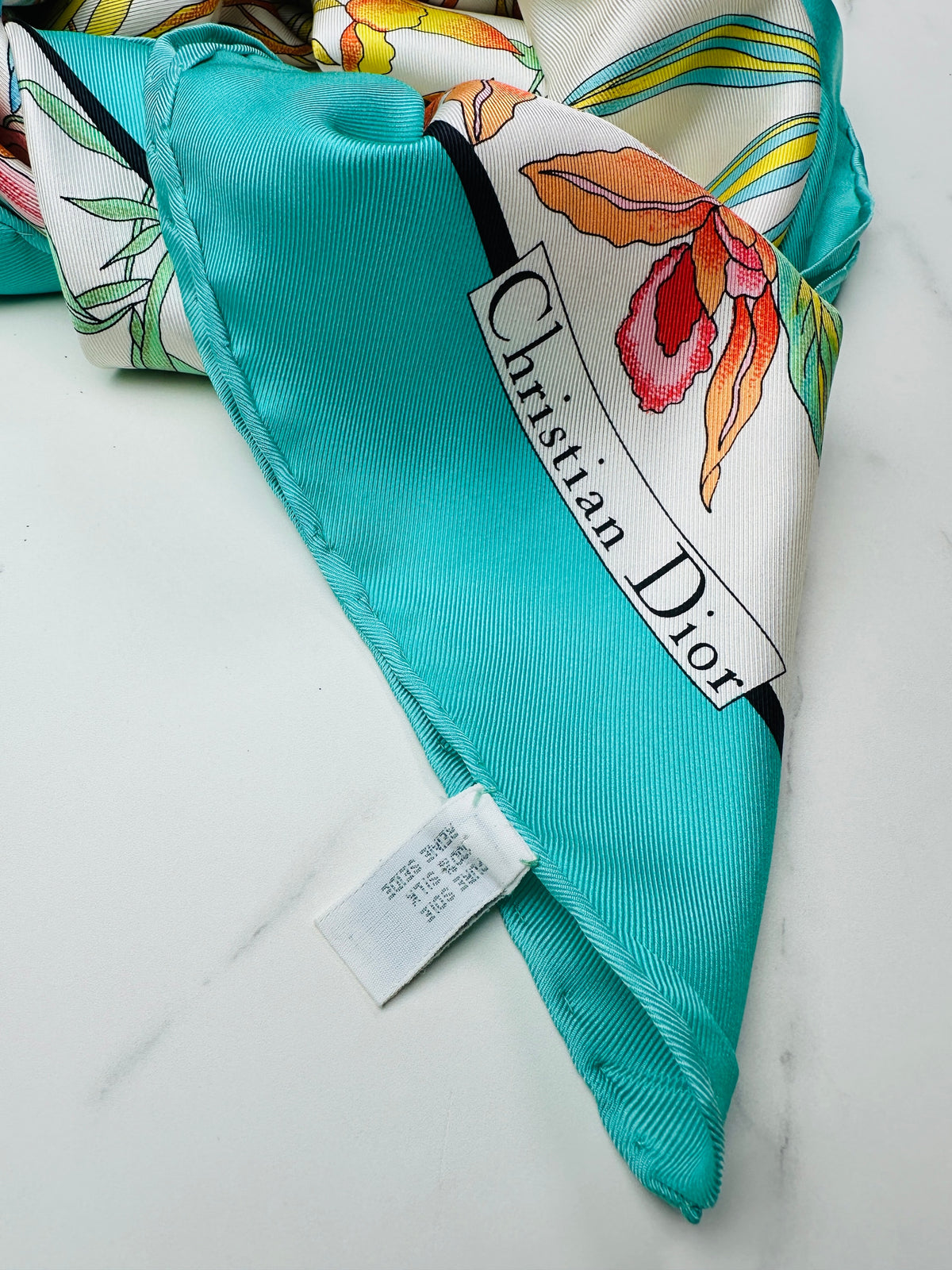 Grand foulard en soie Christian Dior turquoise et ivoire avec motif floral vintage authentique