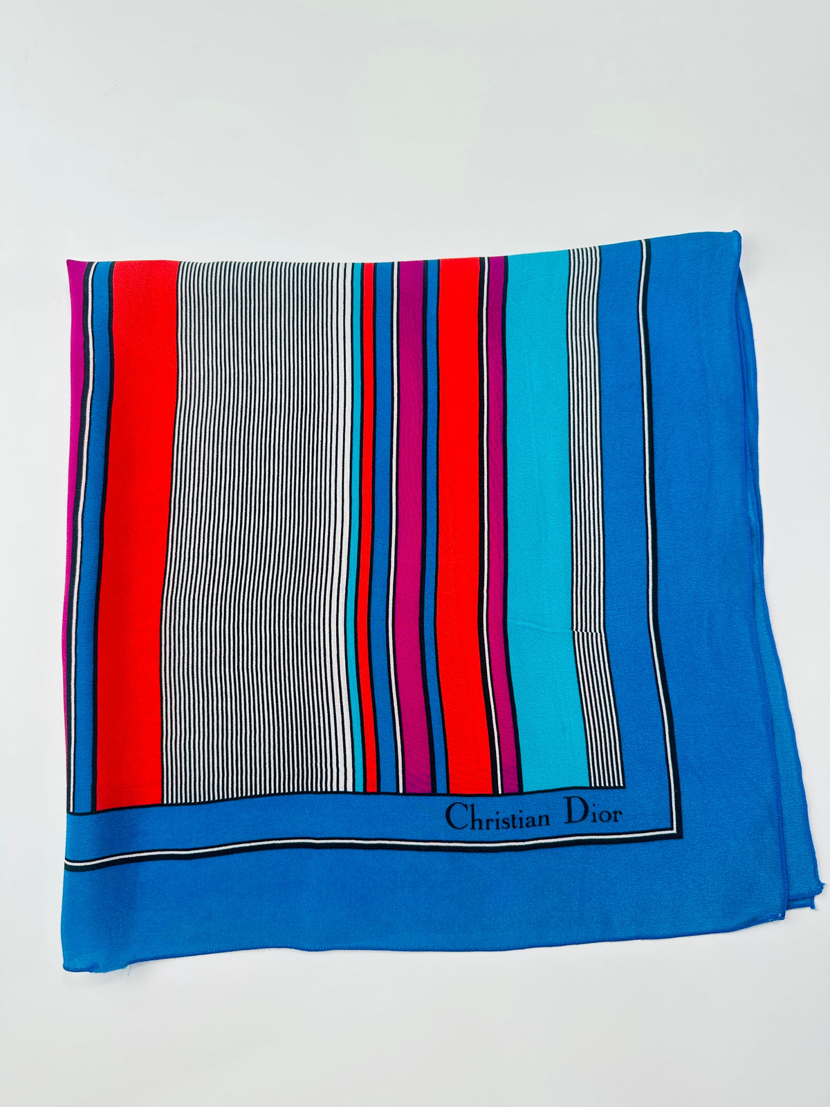 Silk scarf Christian Dior in blue and fuchsia vintage stripes authentic