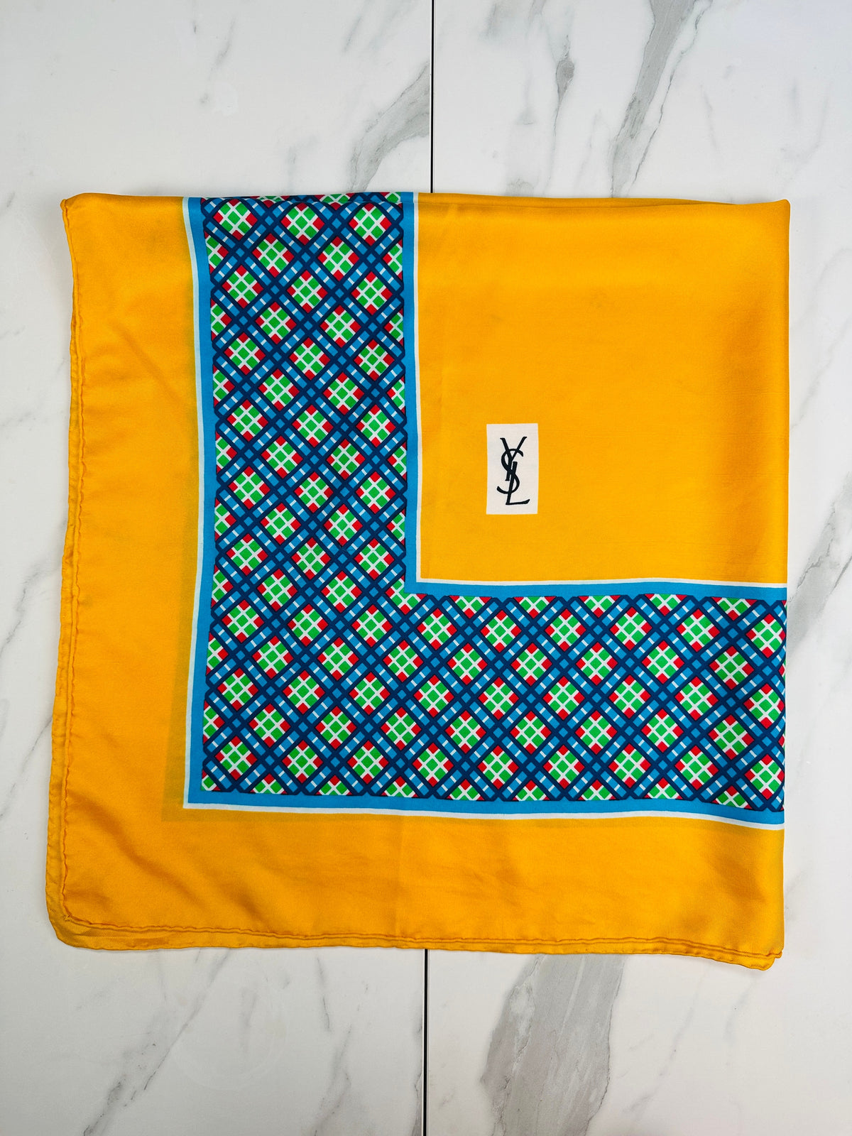 Authentic Vintage Yves Saint Laurent Silk Scarf with Geometric Pattern in Yellow and Blue