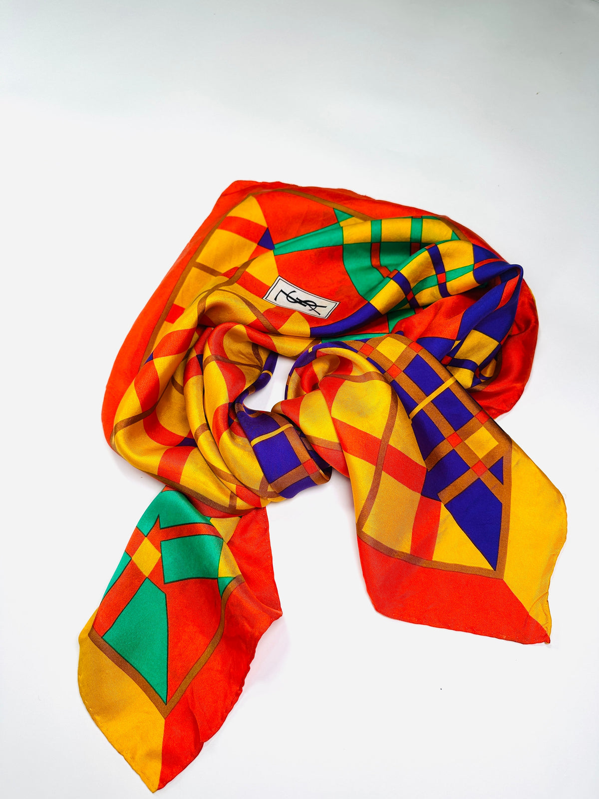 Large Silk Scarf Yves Saint Laurent in Yellow and Red Vintage Geometric Pattern