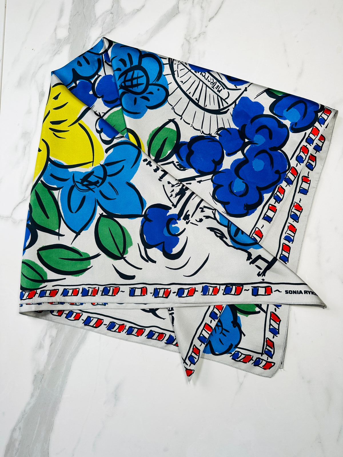 Large silk scarf Sonia Rykiel white and blue vintage floral pattern authentic