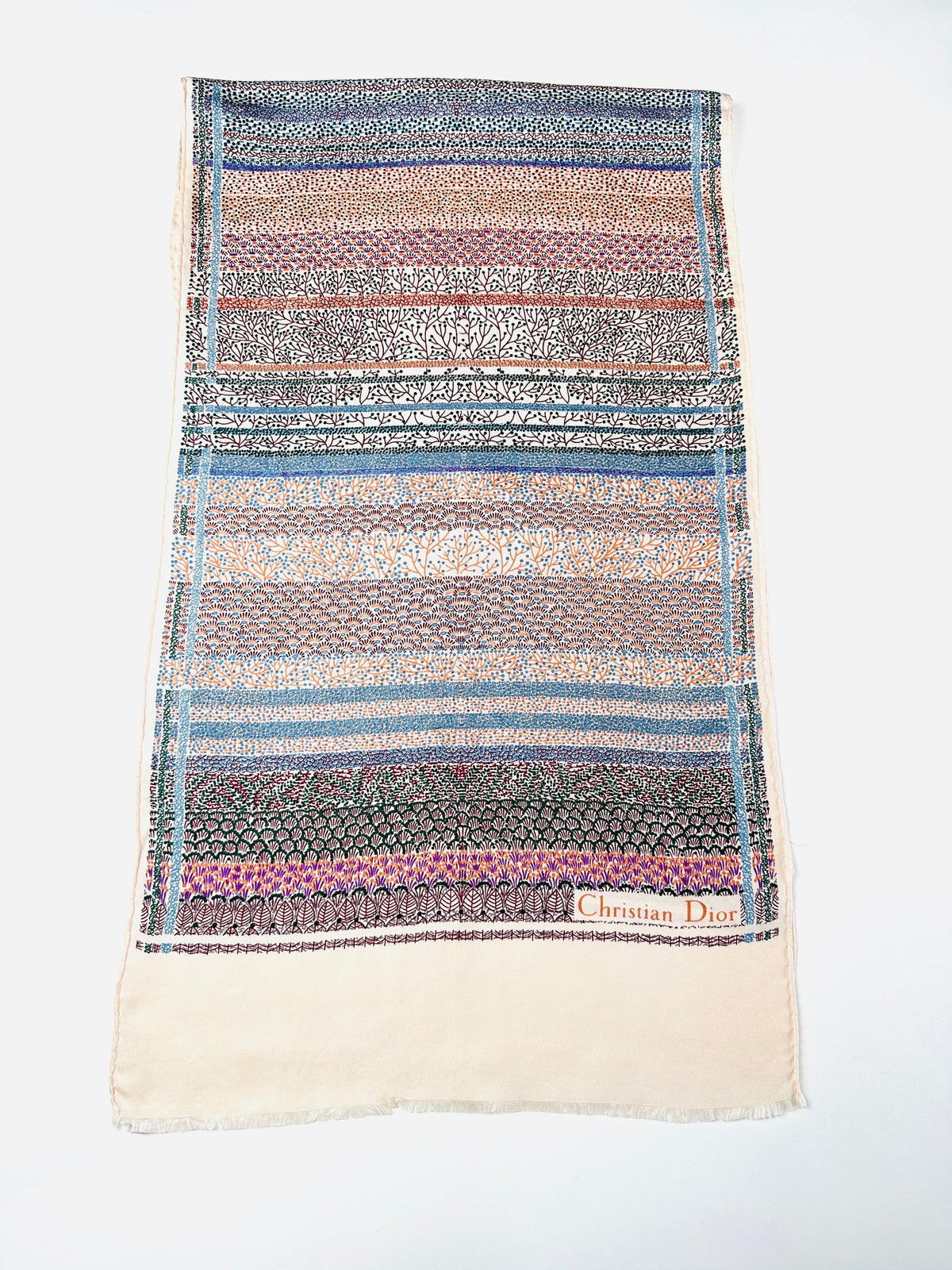 Foulard Christian Dior en soie rose et crème motif floral japonais vintage authentique