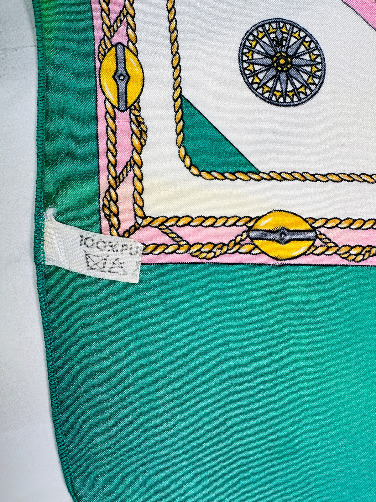 Authentic Céline Silk Scarf in Green and Cream Chain Print