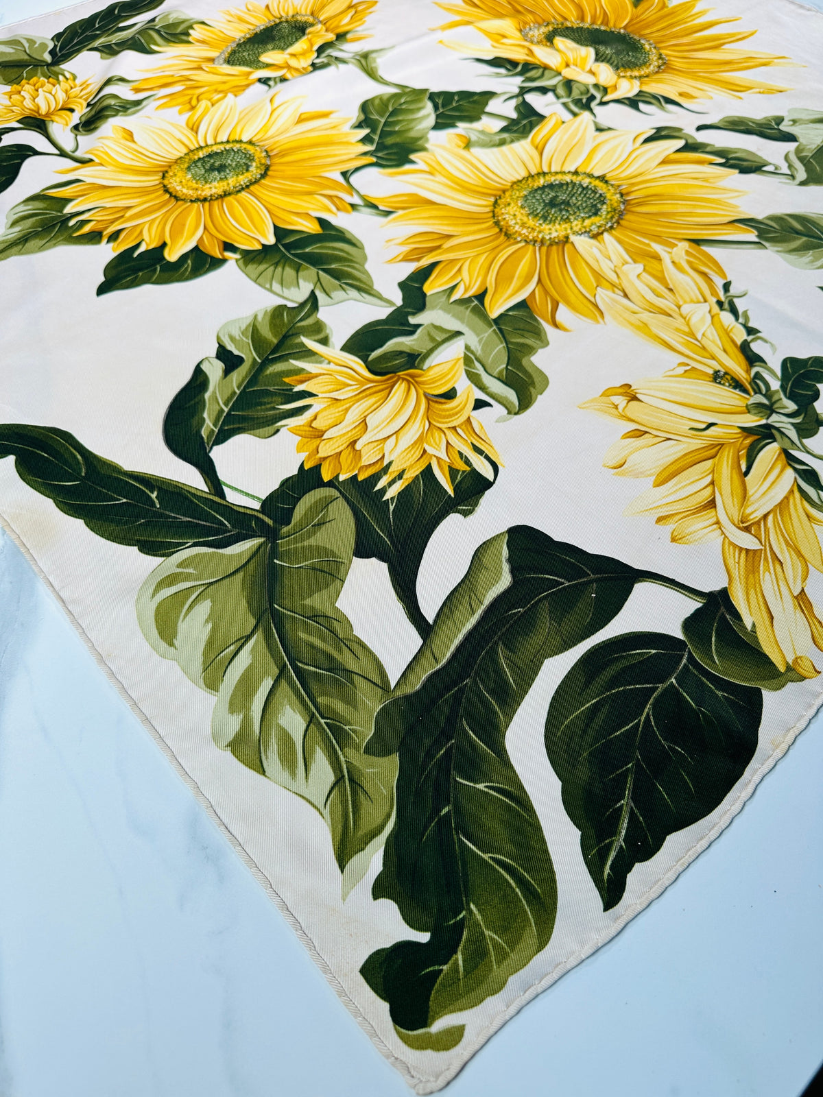 Grand foulard Christian Dior en ivoire et vert avec motif tournesol vintage Authentique