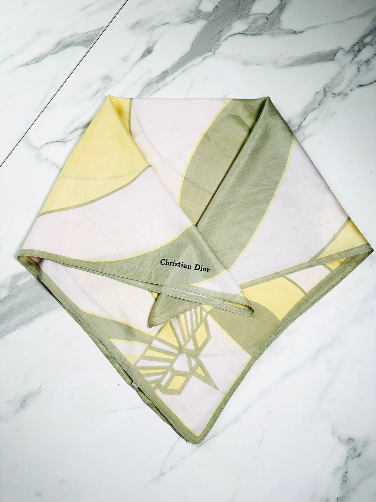 Authentic vintage silk scarf Christian Dior in yellow and green with graphic pattern