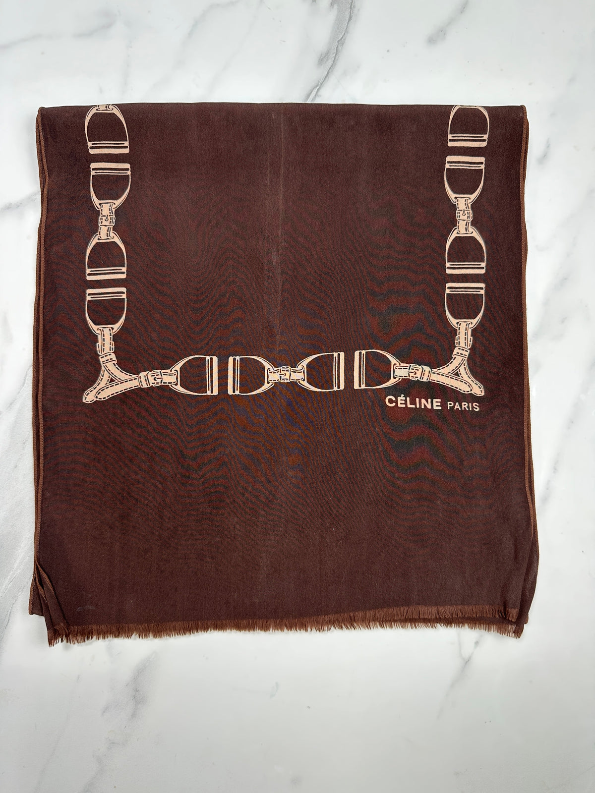 Céline Vintage Authentic Silk Scarf Equestrian Pattern Brown and Beige