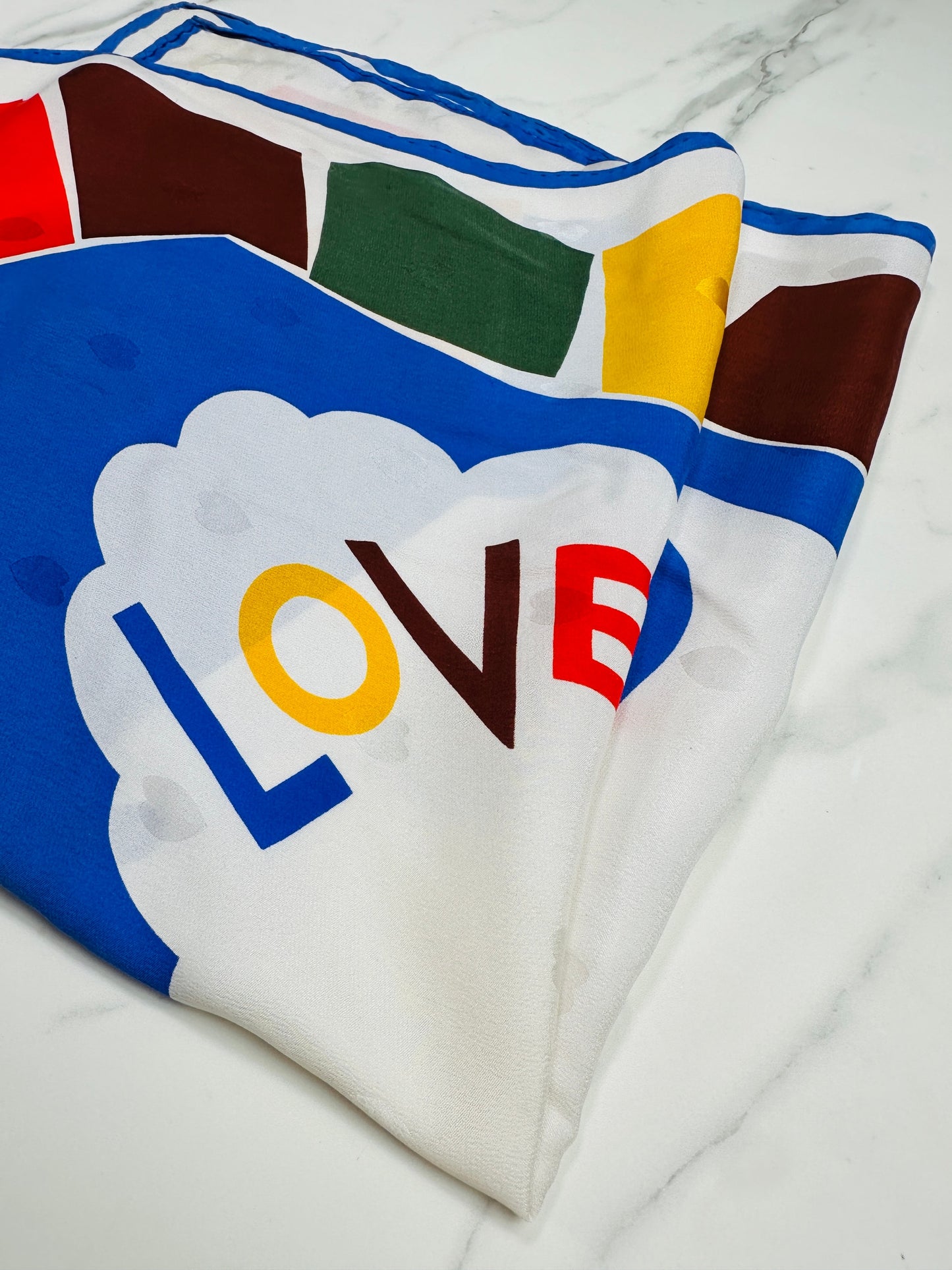 Carré Yves Saint Laurent en soie bleu et blanc Love vintage authentique