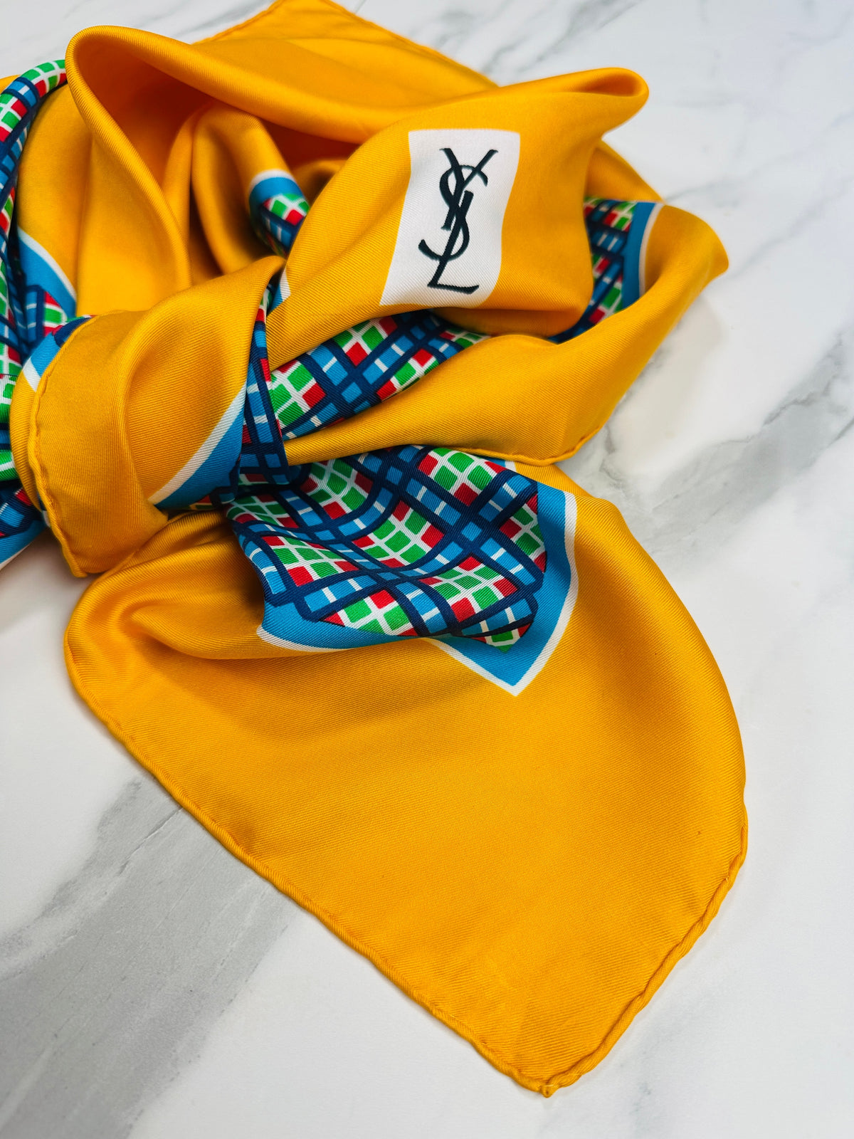Authentic Vintage Yves Saint Laurent Silk Scarf with Geometric Pattern in Yellow and Blue