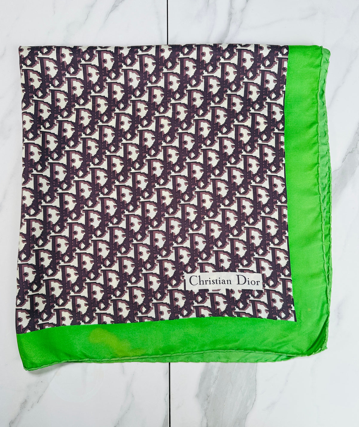 Christian Dior Silk Satin Square in Green and Black Vintage Geometric Pattern