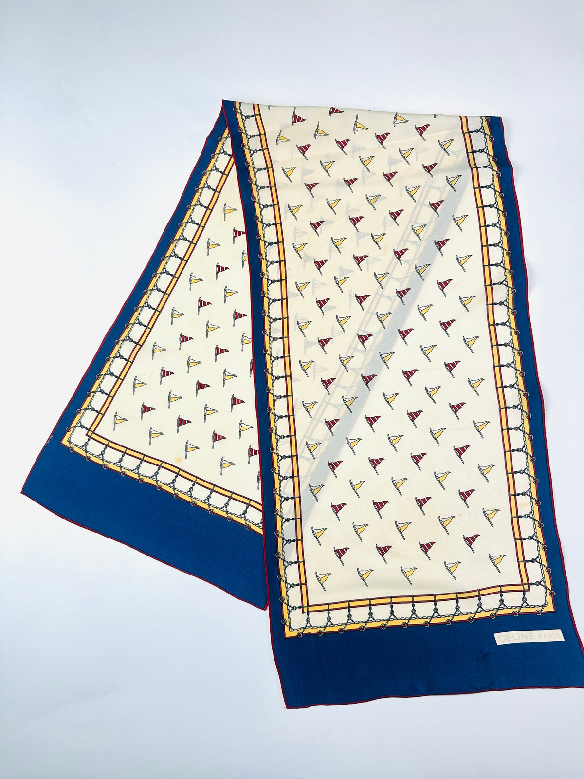Foulard Céline en soie beige et bleu motif marin vintage authentique