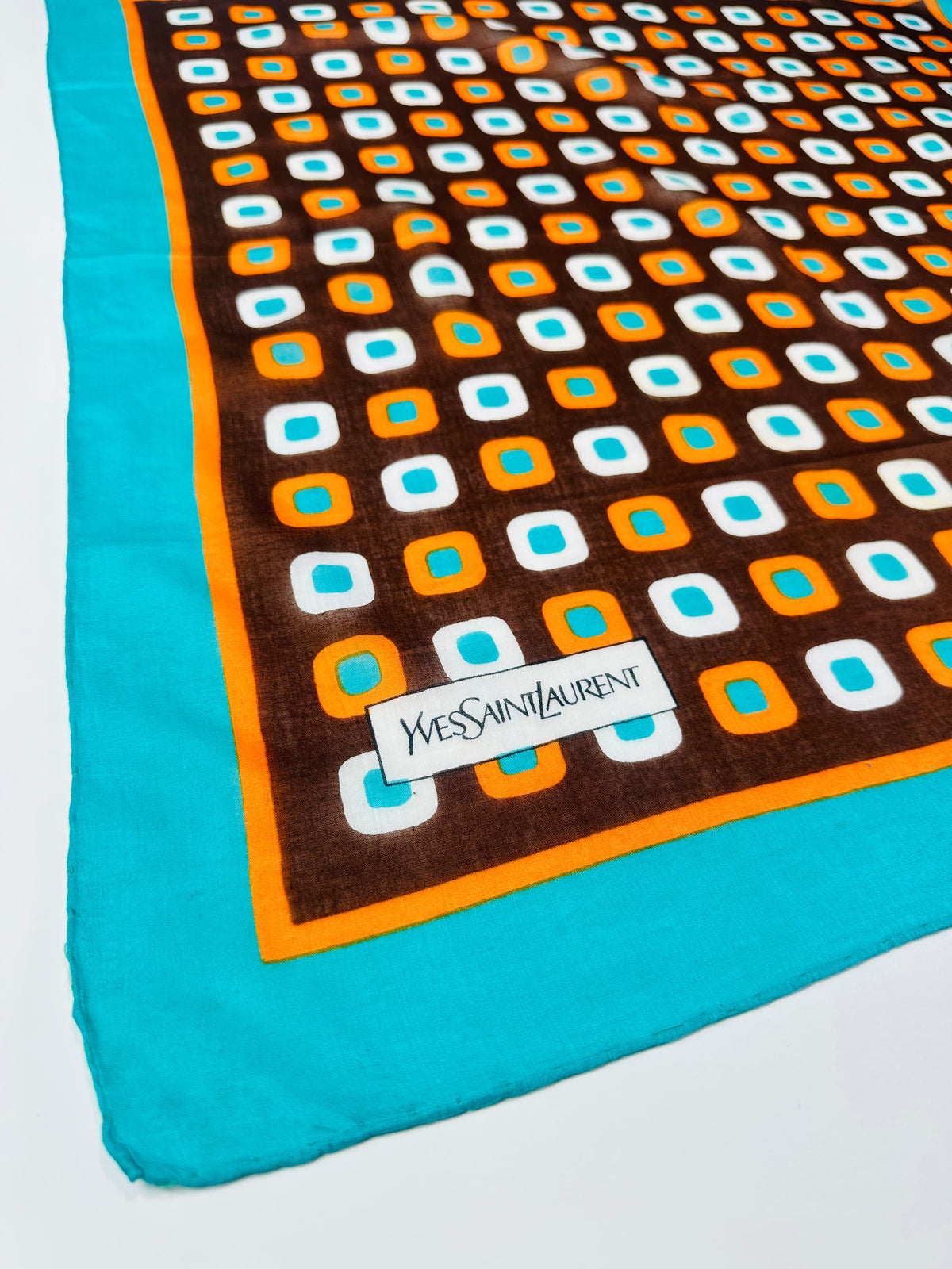 Silk Scarf Yves Saint Laurent in Brown and Turquoise with Vintage Geometric Pattern