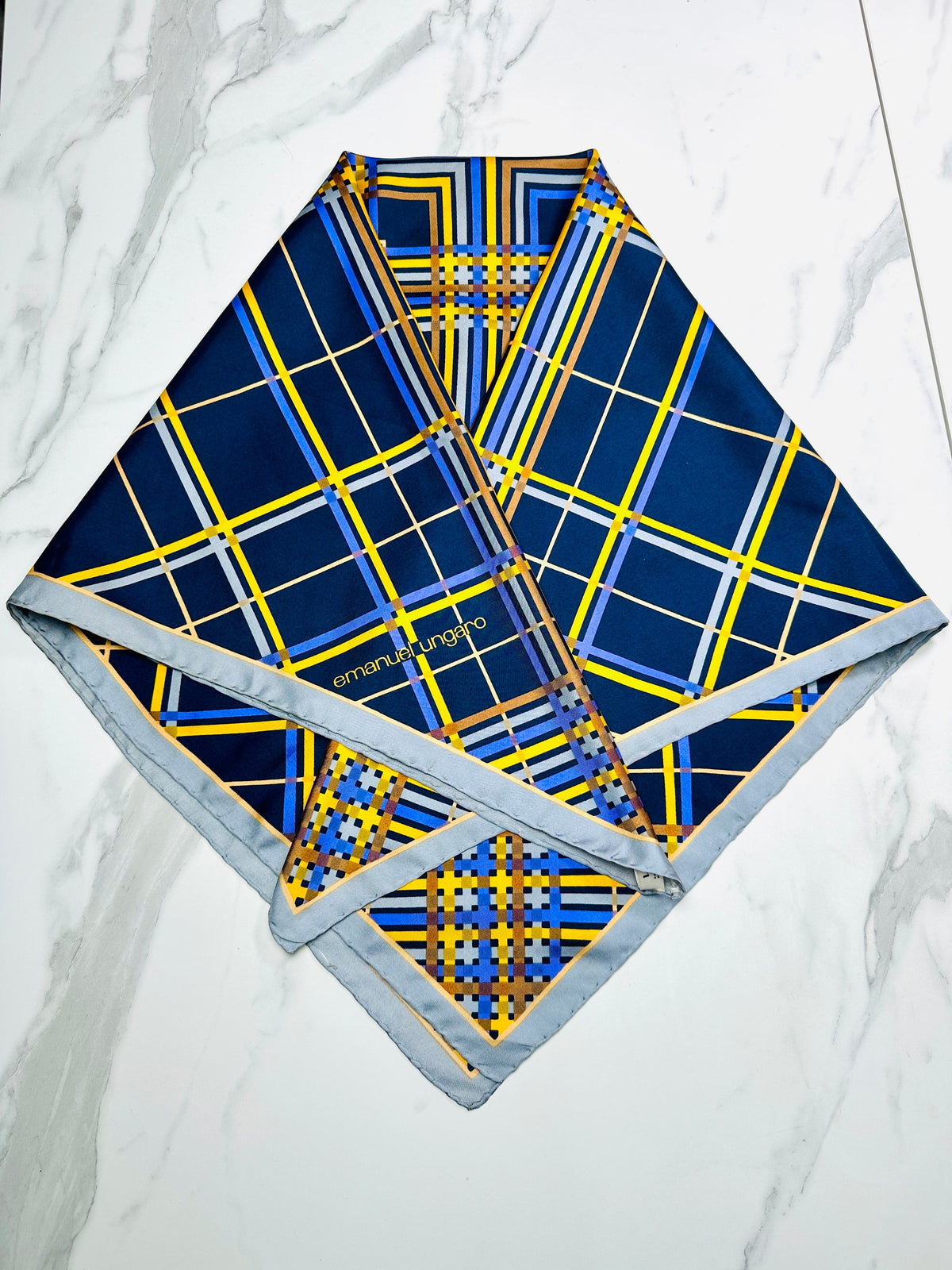 Large silk scarf Emanuel Ungaro navy blue with authentic vintage geometric pattern
