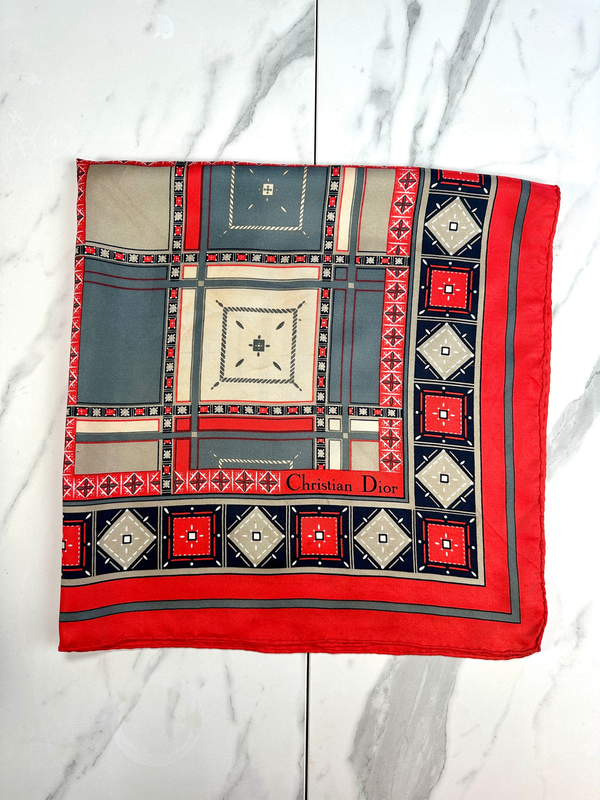 Authentic vintage red and beige geometric silk scarf Christian Dior