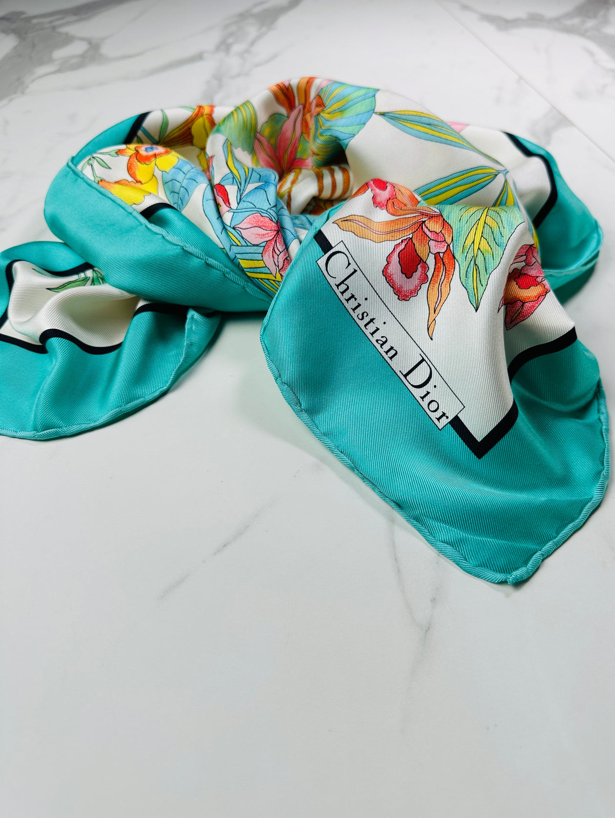 Grand foulard en soie Christian Dior turquoise et ivoire avec motif floral vintage authentique