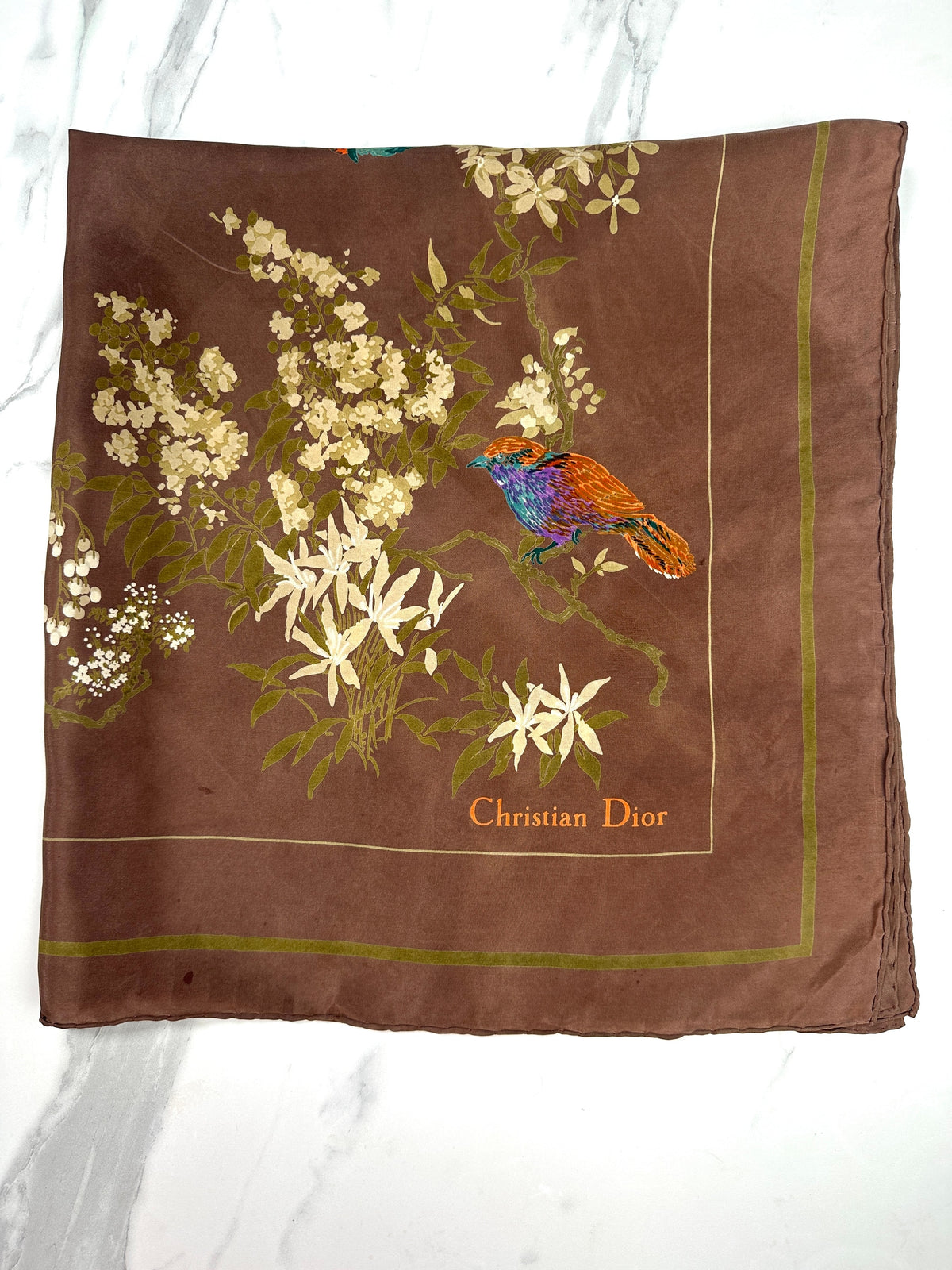 Carré Christian Dior en soie marron et orange néon motif floral vintage authentique