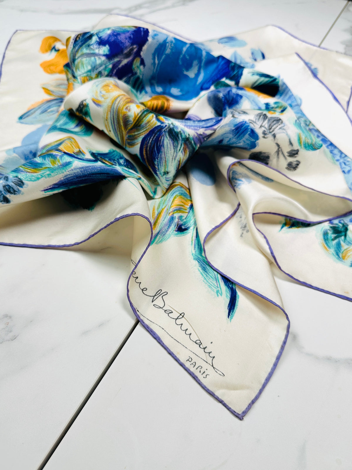 Authentic Vintage Silk Scarf Pierre Balmain Cream and Blue with Floral Pattern
