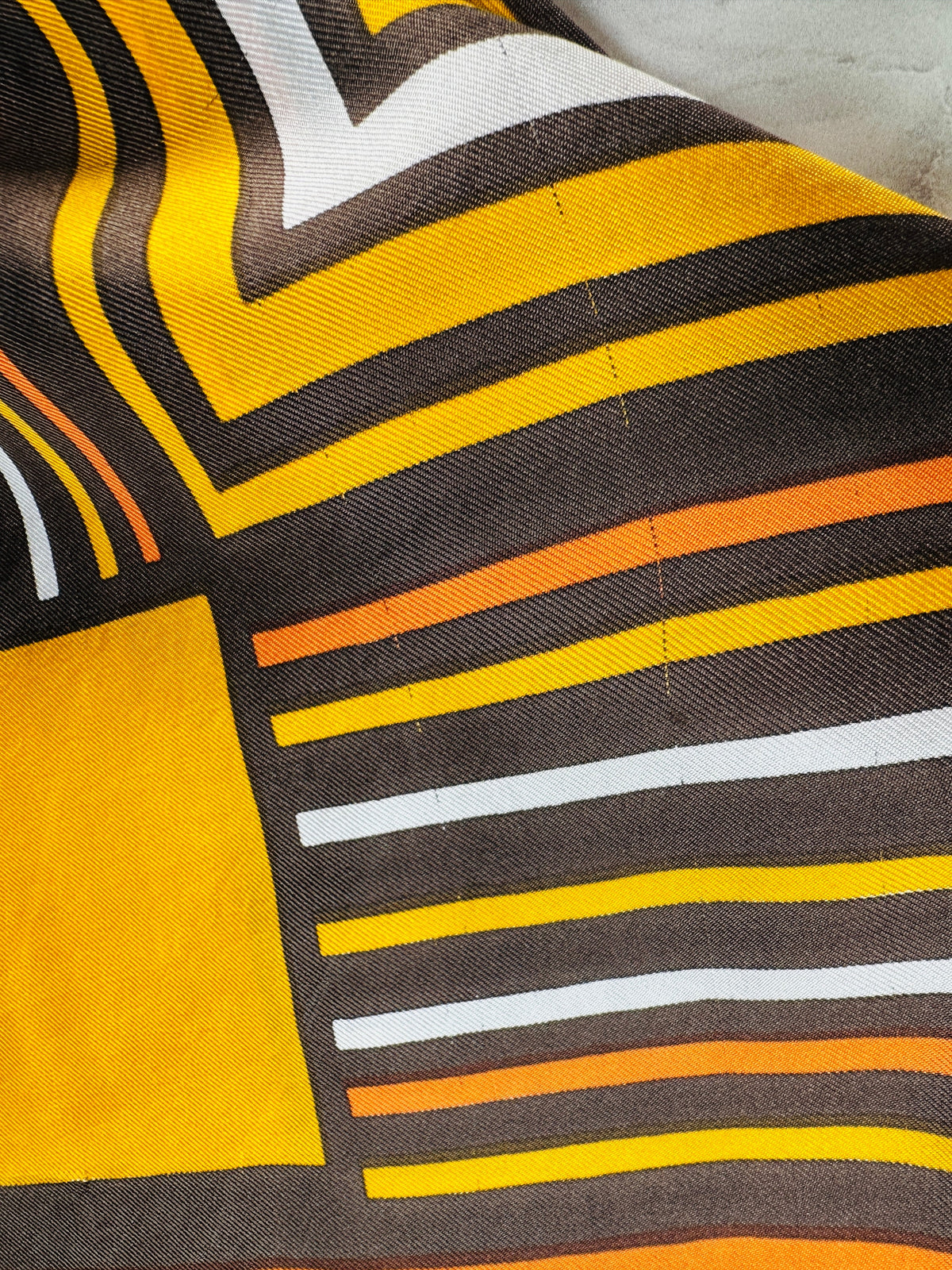 Authentic vintage orange and yellow geometric pattern silk scarf by Paco Rabanne
