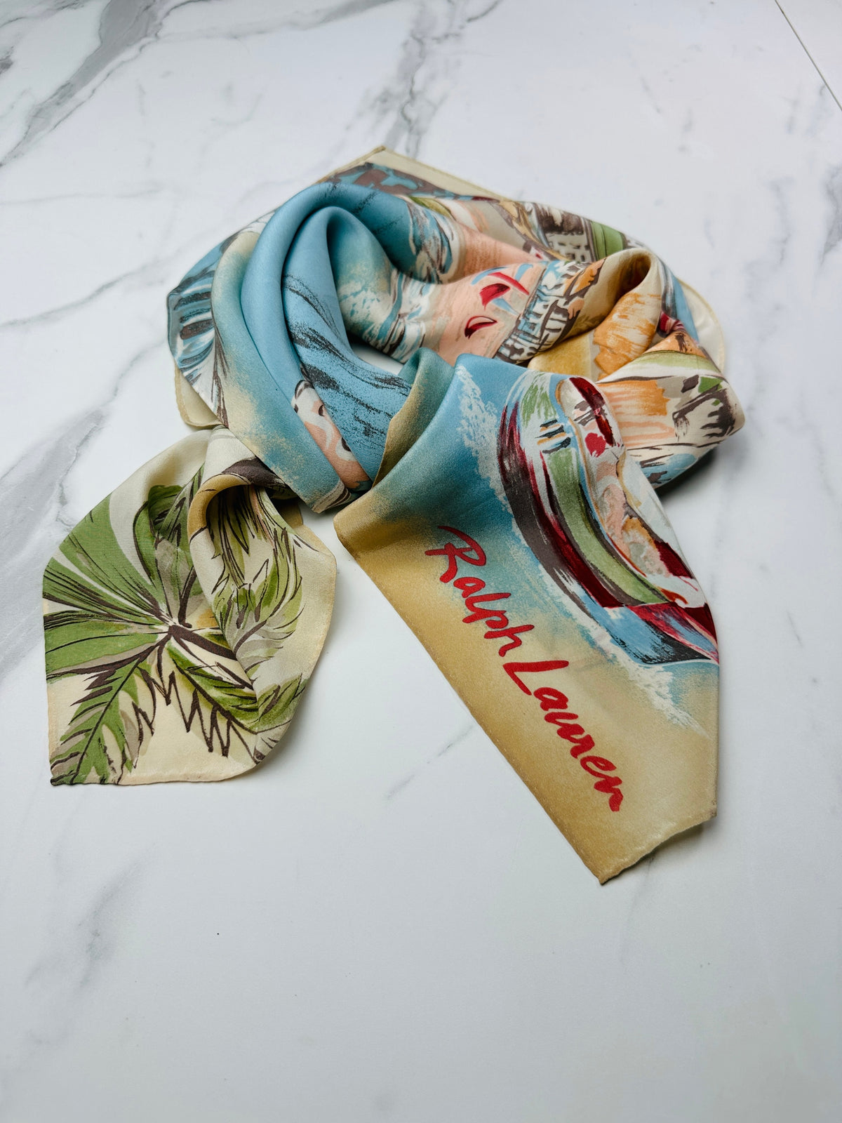 Foulard en soie vintage authentique motif côtier azur et beige par Ralph Lauren